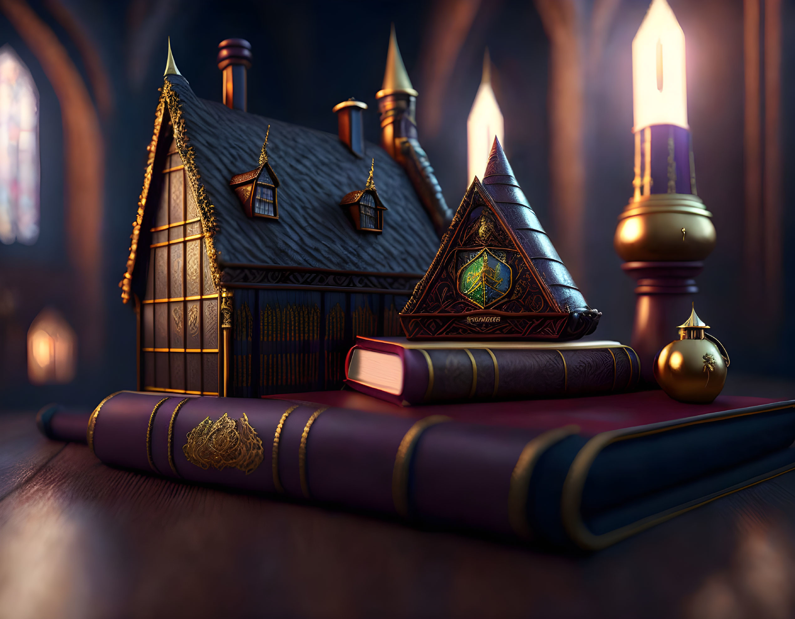 Miniature fairy-tale house model on book with lit candles in gothic library.
