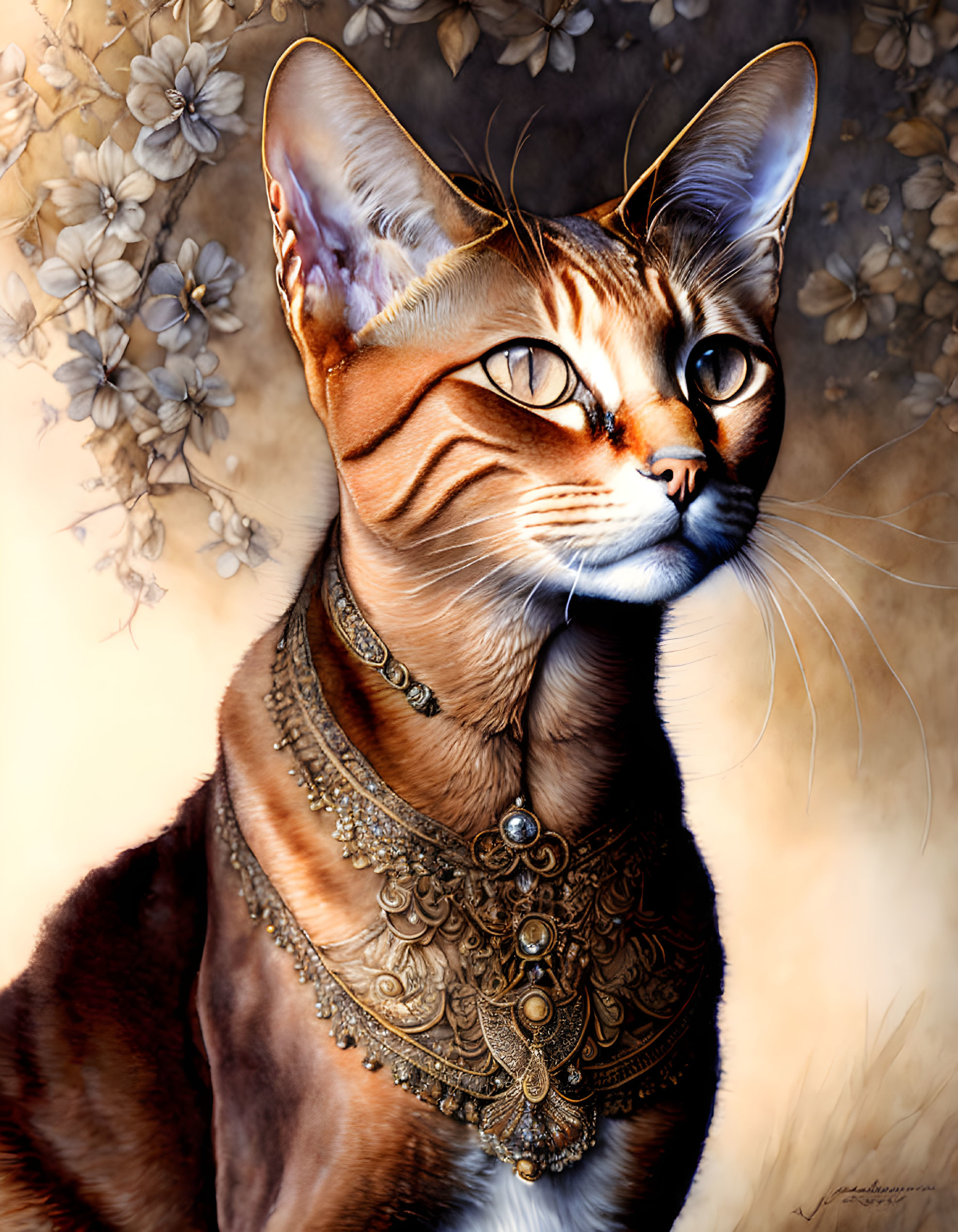 Majestic cat with golden eyes and intricate jewelry in soft brown tones