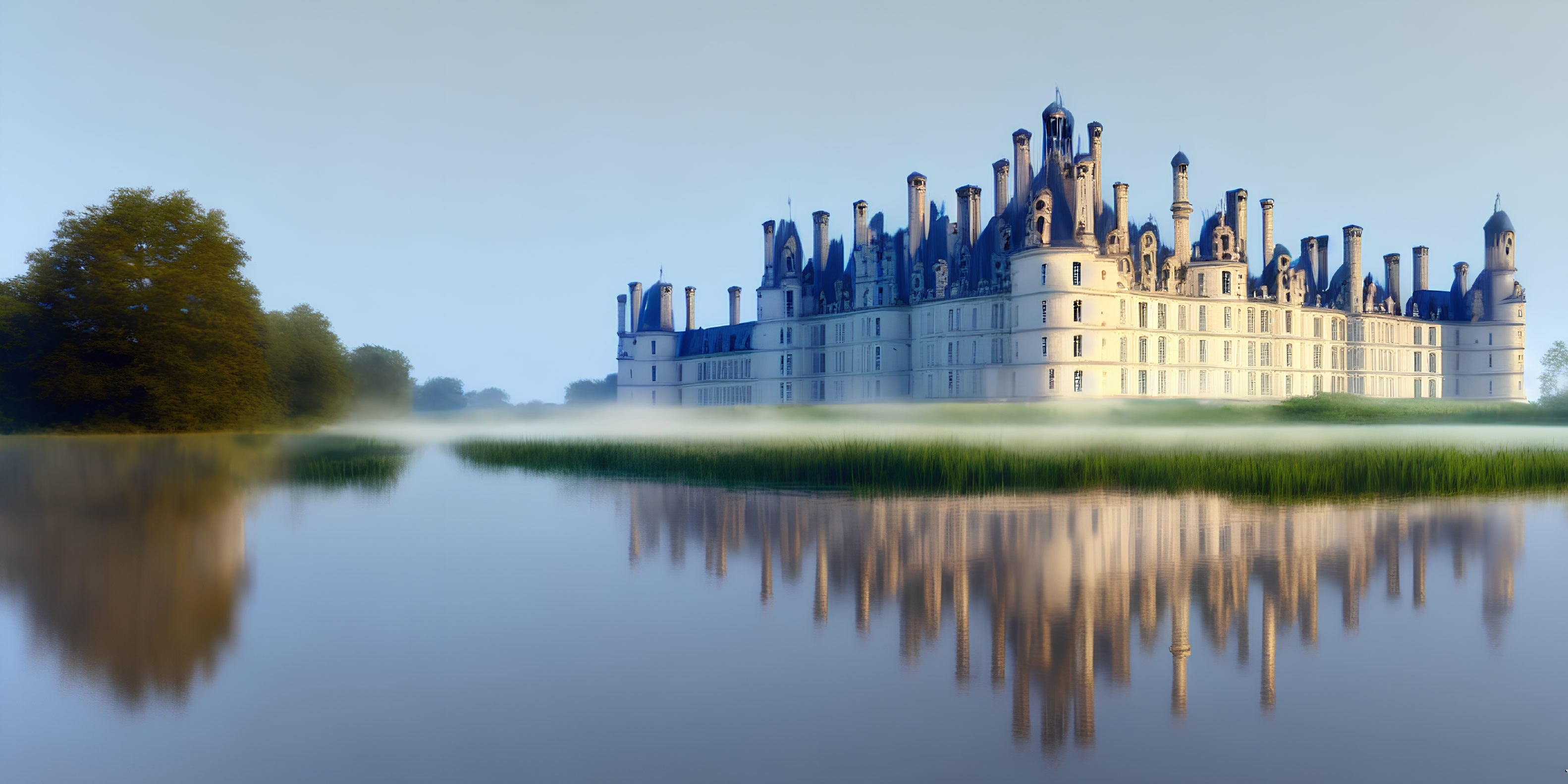 Majestic castle with spires reflected in serene river in foggy landscape