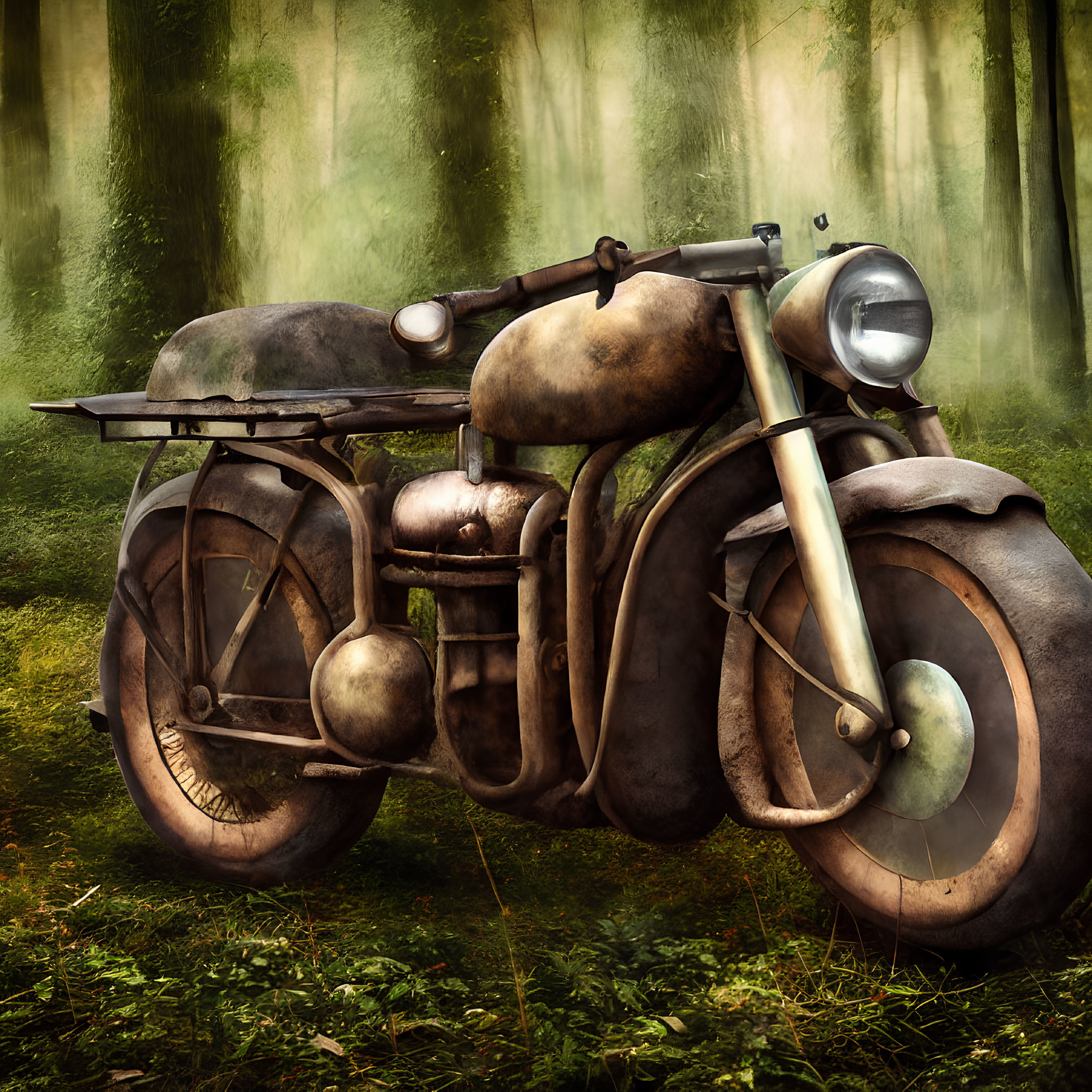 Rustic vintage motorcycle in misty forest setting