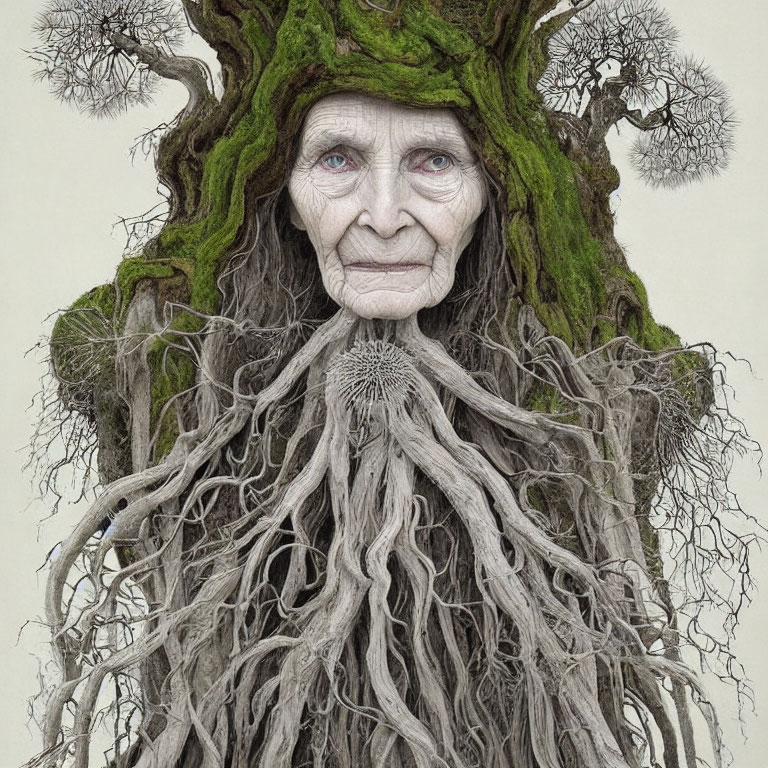 Elderly person's face blending with tree, branches as hair, roots as beard
