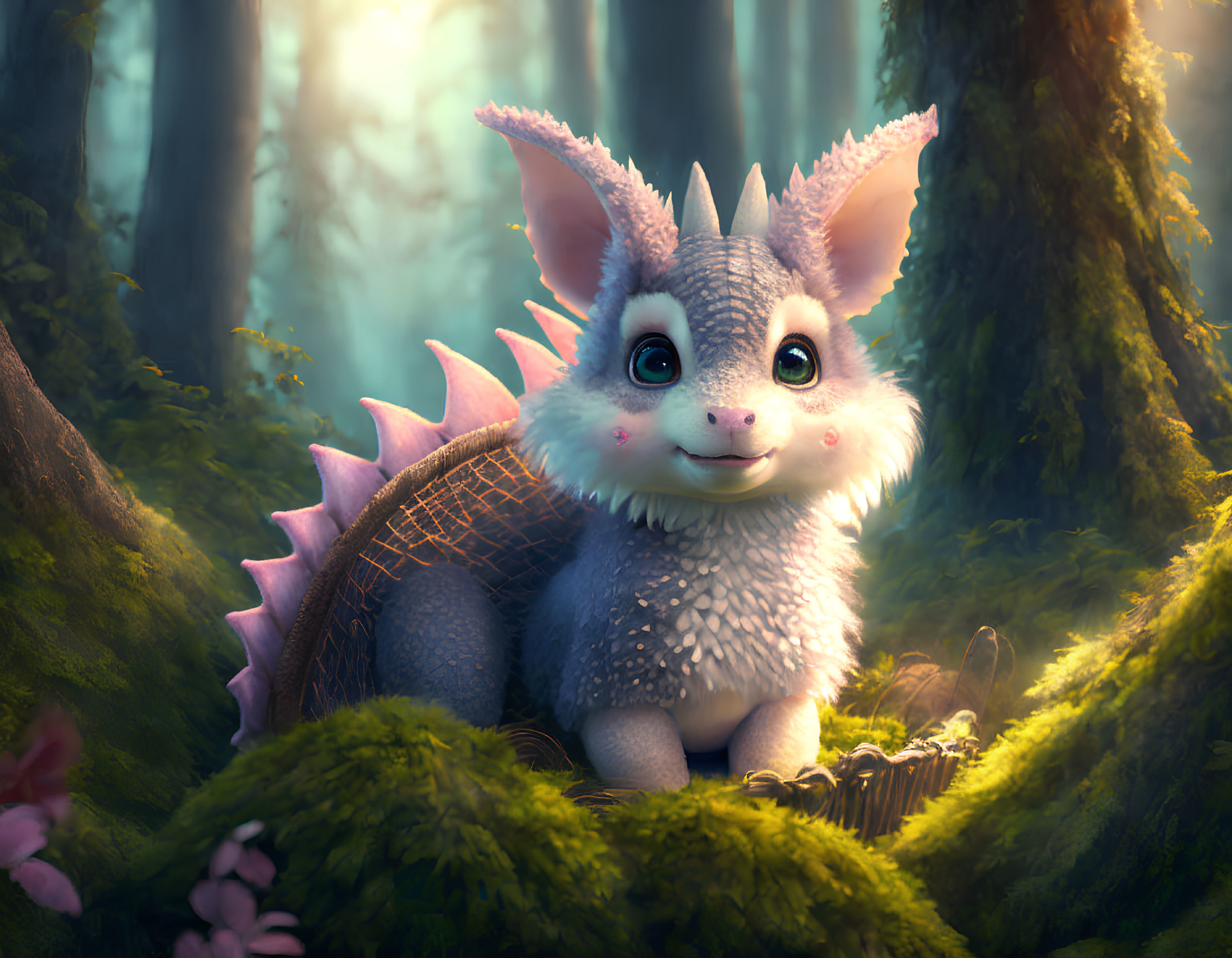 Cartoon-style dragon in enchanted forest with soft light