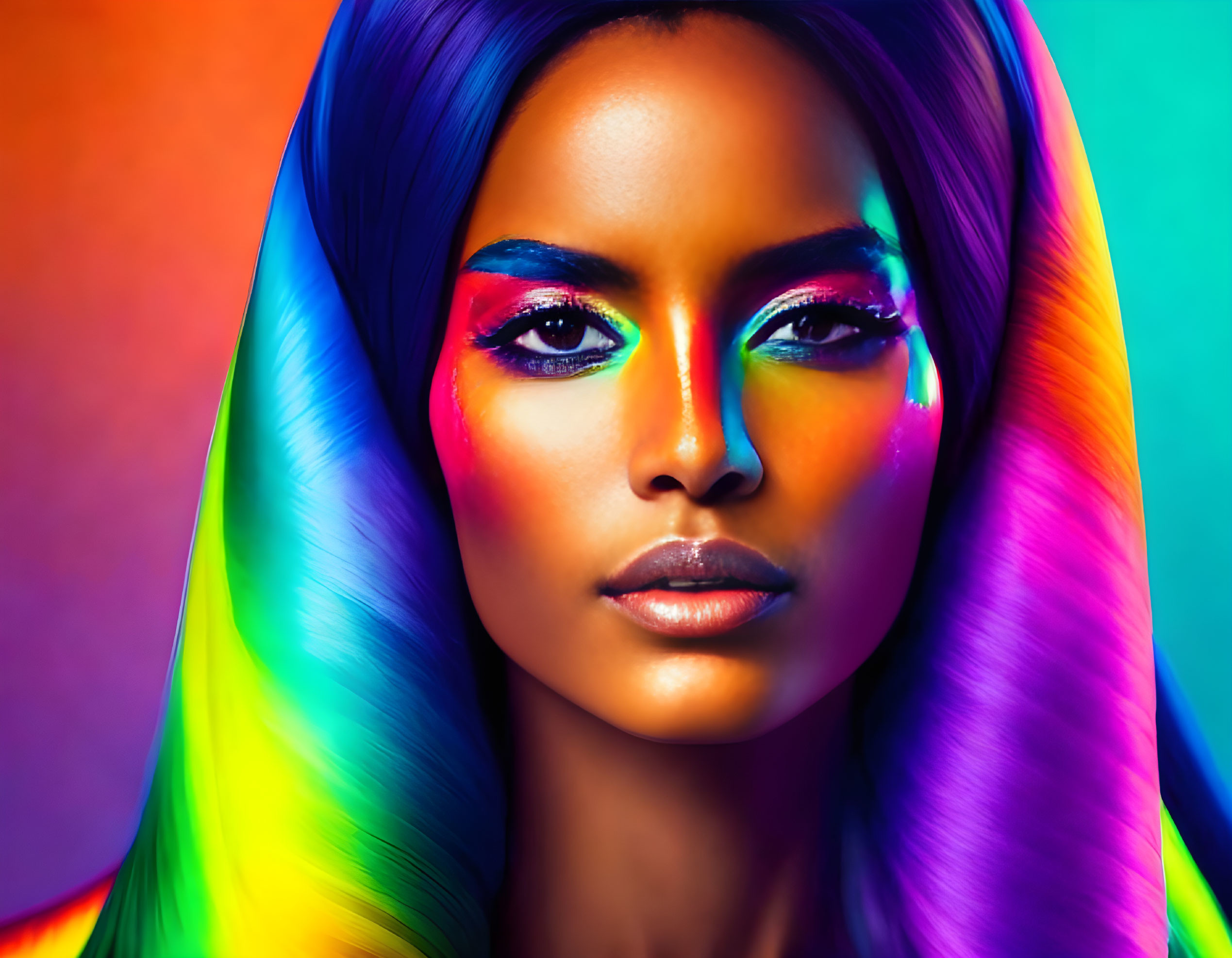 Colorful woman with rainbow hair and makeup on multicolored background