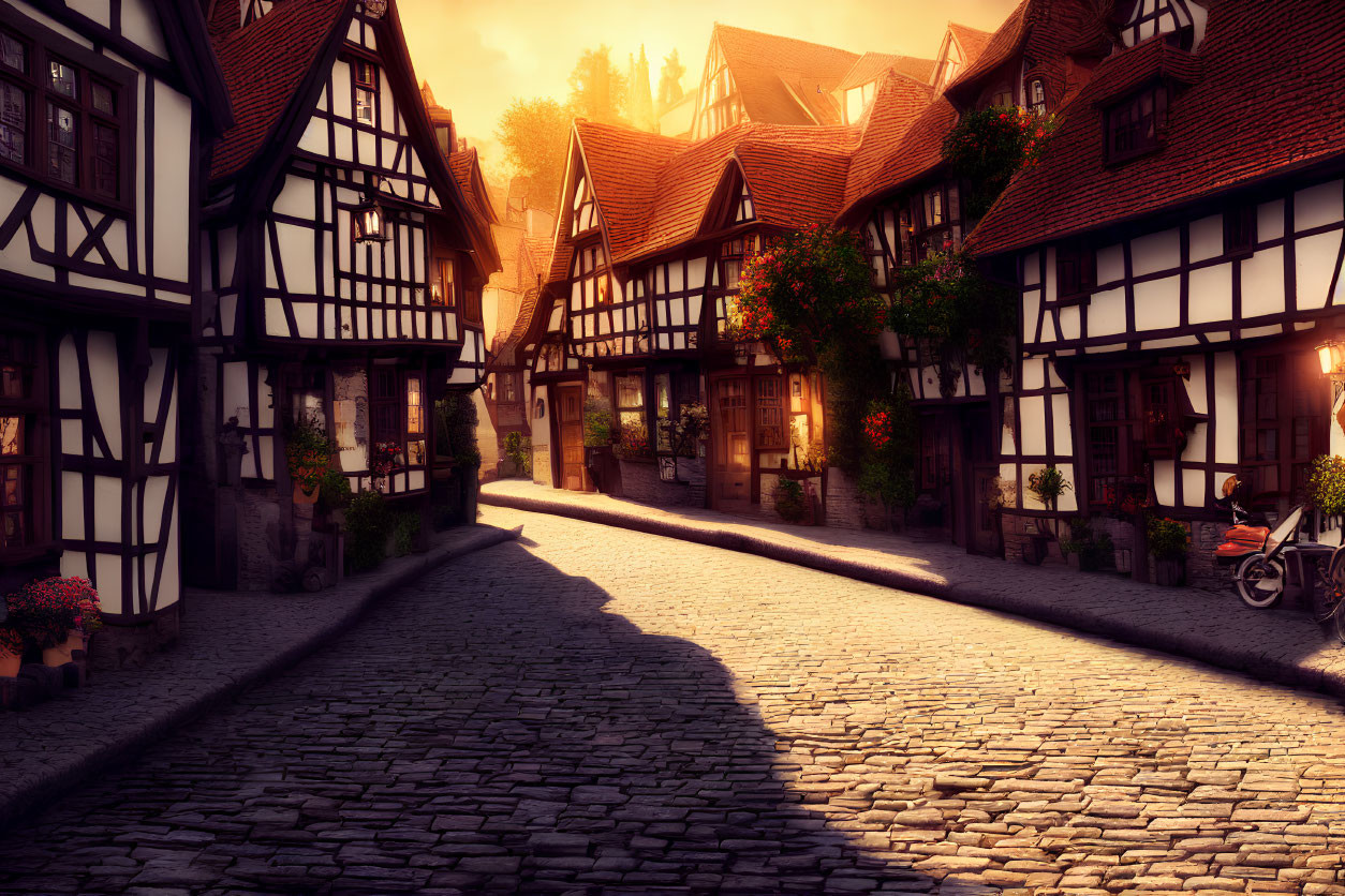 European cobblestone street: Half-timbered houses, sunset shadows, flowers, bicycle