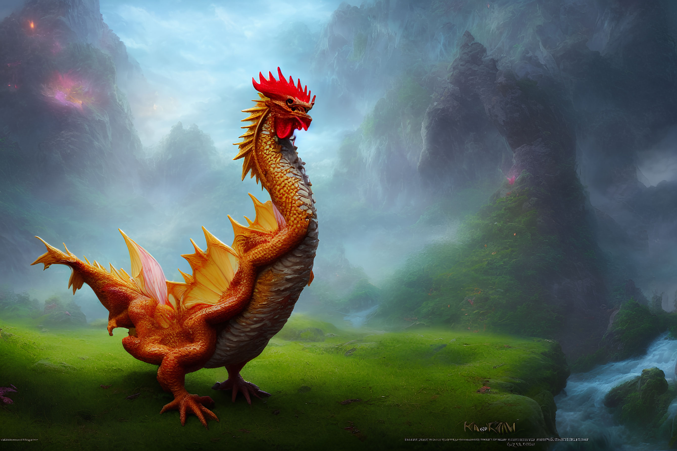 Mythical dragon with rooster head in misty mountain landscape