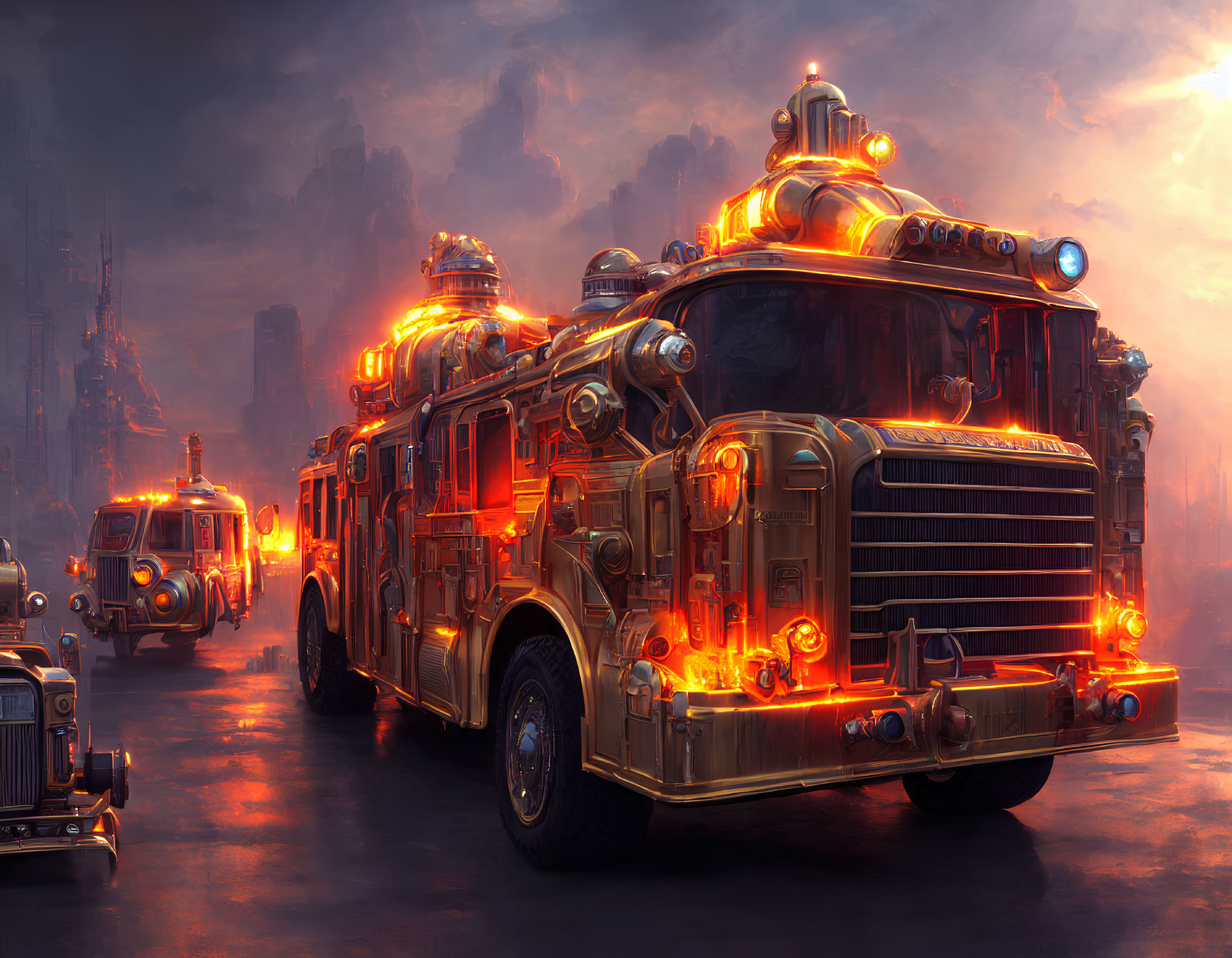 Glowing orange lights on futuristic fire trucks in misty dystopian cityscape
