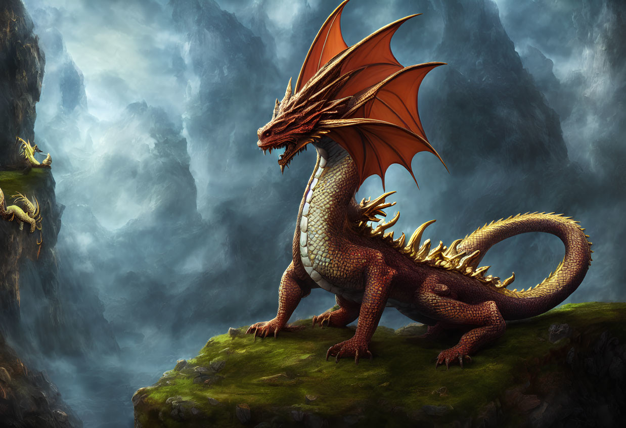 Orange-winged dragon perched on rocky outcrop in misty mountains