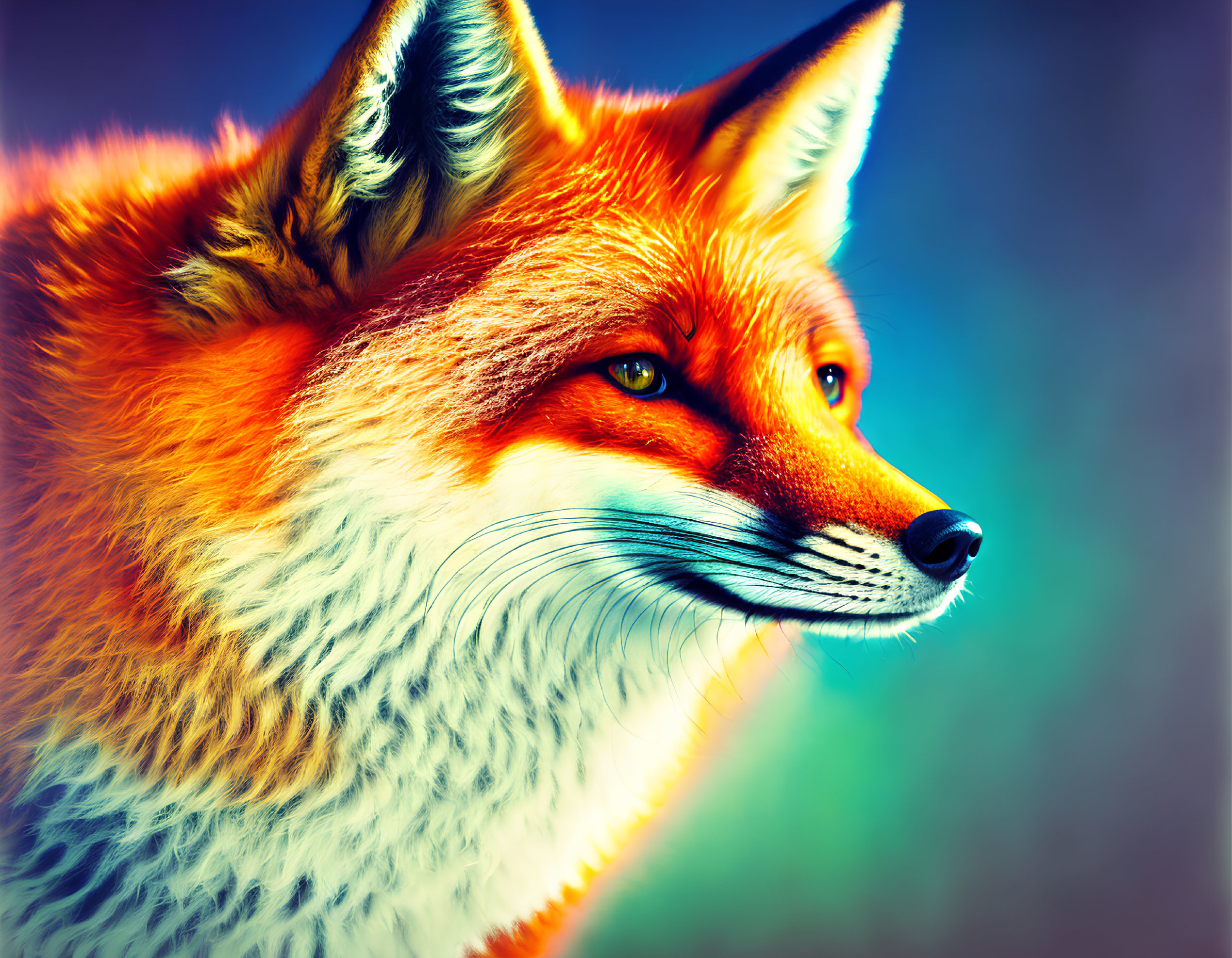 Vibrant red fox with intense orange fur on gradient blue background