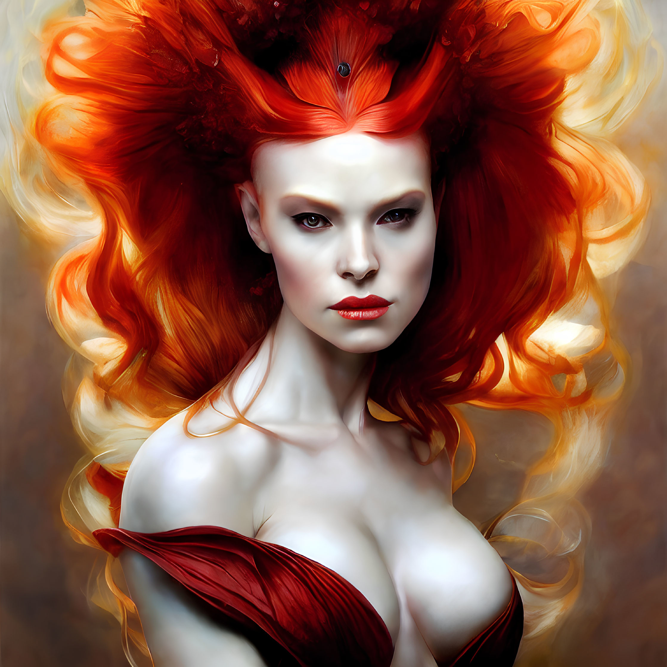 Digital Artwork: Woman with Fiery Orange Hair and Intense Eyes