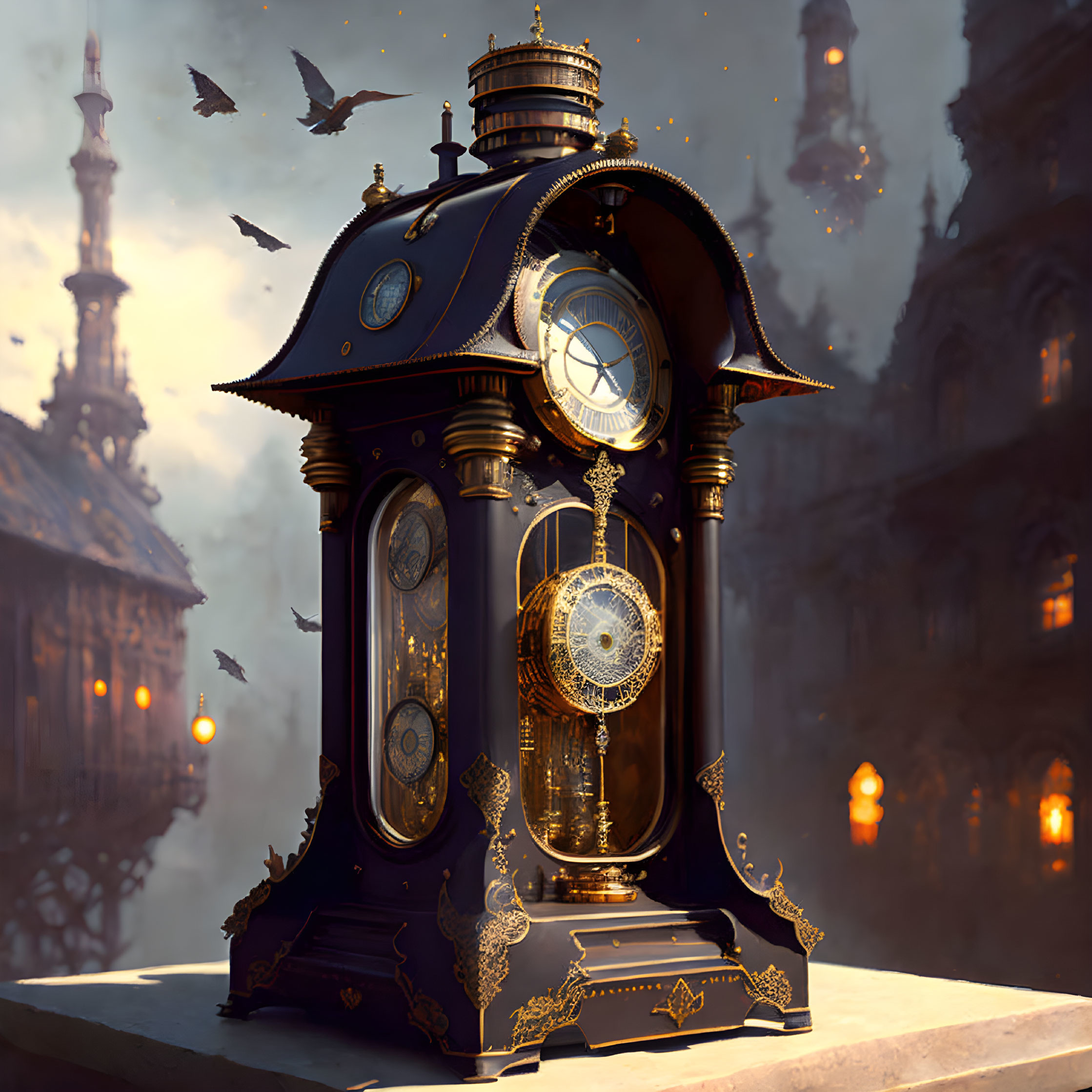 Intricate Steampunk Clock with Gold Detailing and Fantastical Architecture