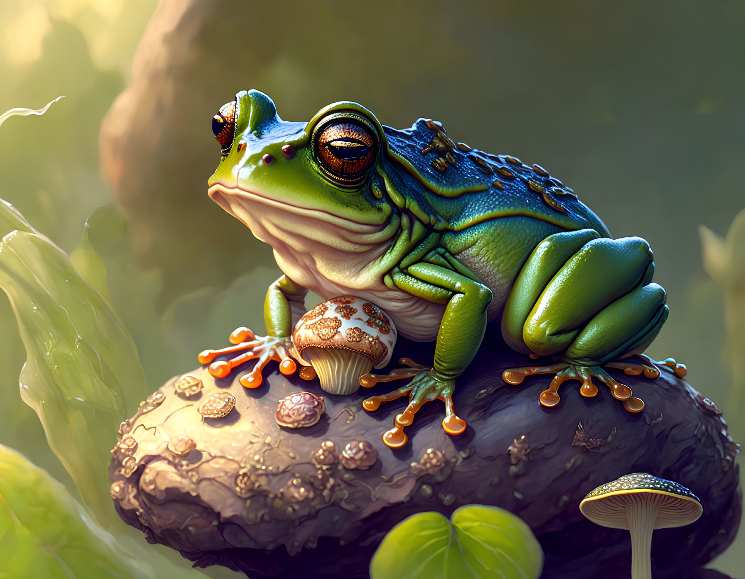 Vibrant digital artwork of stylized frog in natural setting