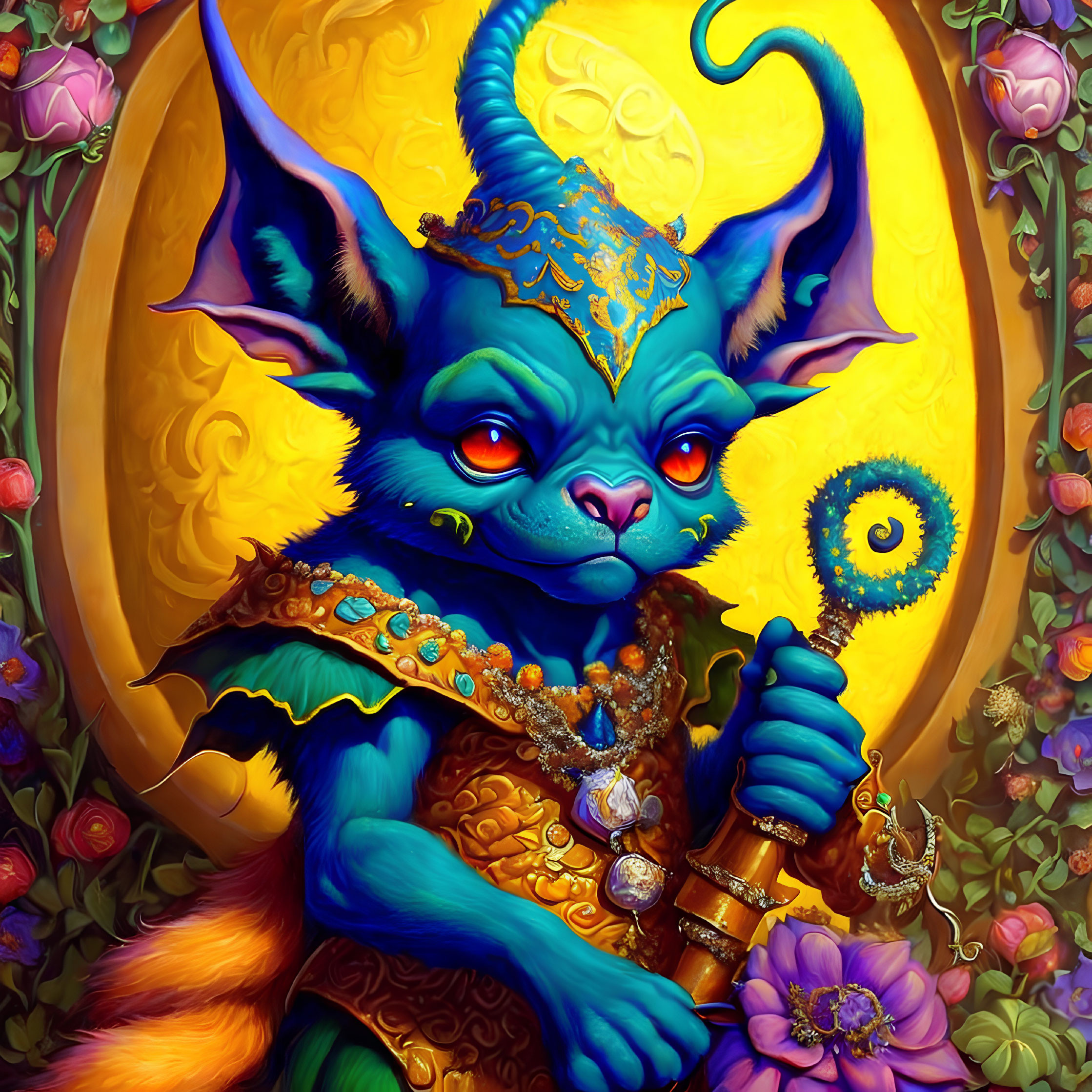 Colorful Illustration of Regal Blue Anthropomorphic Feline in Floral Setting