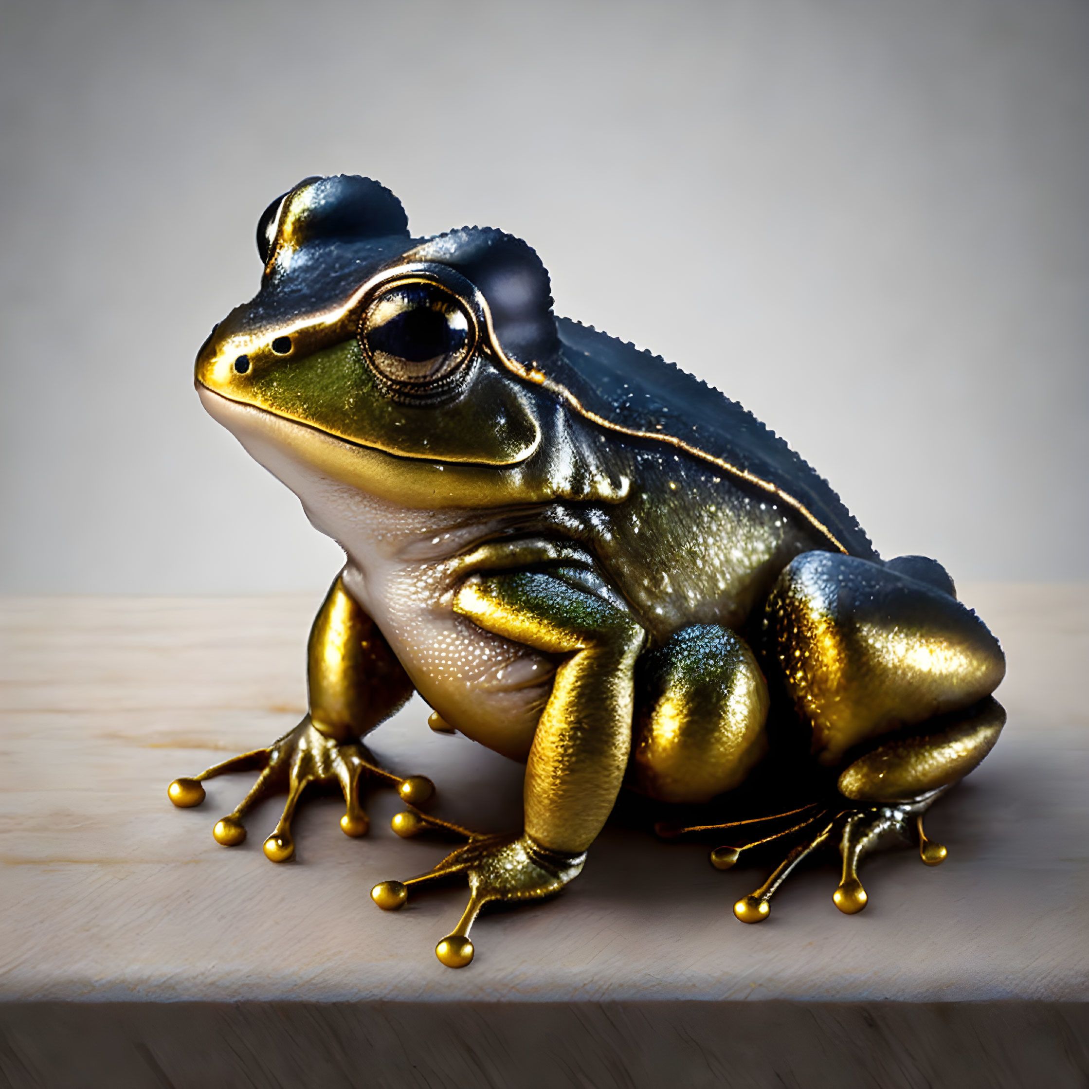 Metallic Sheen Frog with Gold and Black Hues on Wooden Surface