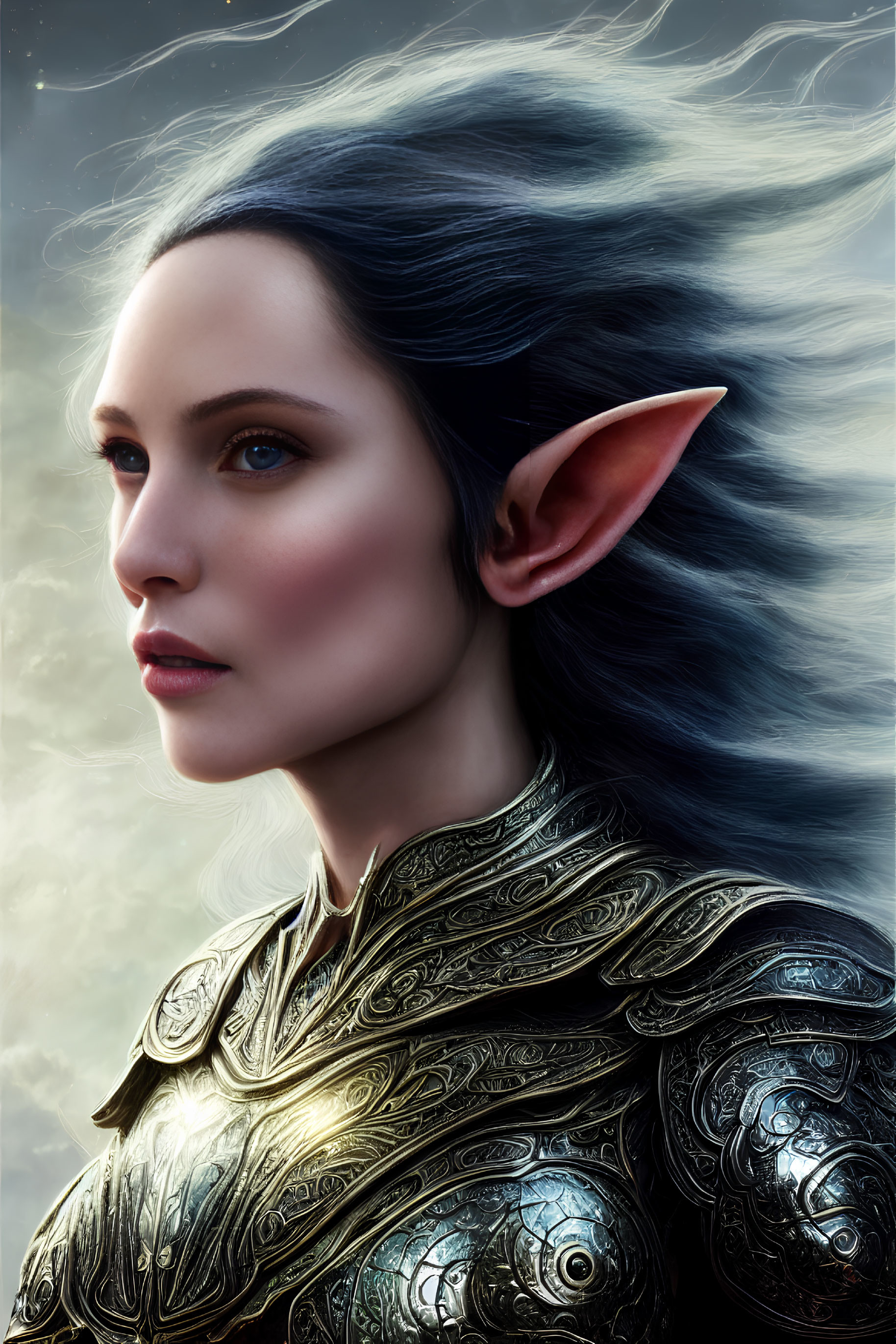 Elf portrait in ornate armor with pale skin and dark hair