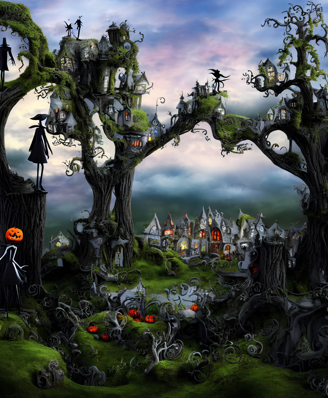 Whimsical Halloween-themed fantasy landscape with spooky elements
