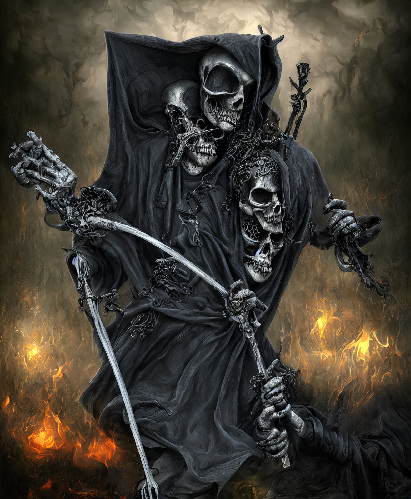 Skeletal grim reaper in dark cloak wields scythe in fiery setting