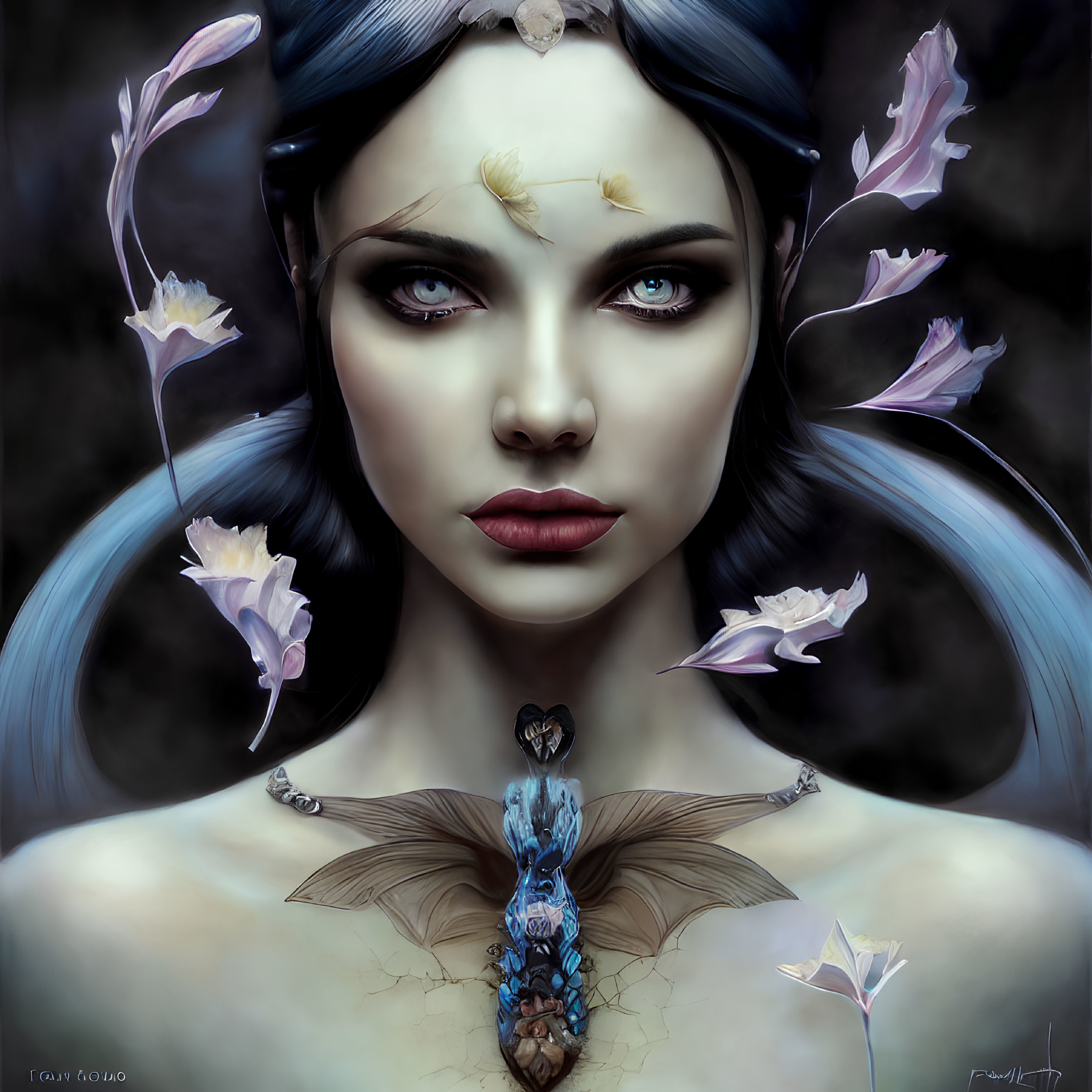Digital portrait: Woman with blue skin, intense eyes, dark hair, petal-like adornments,