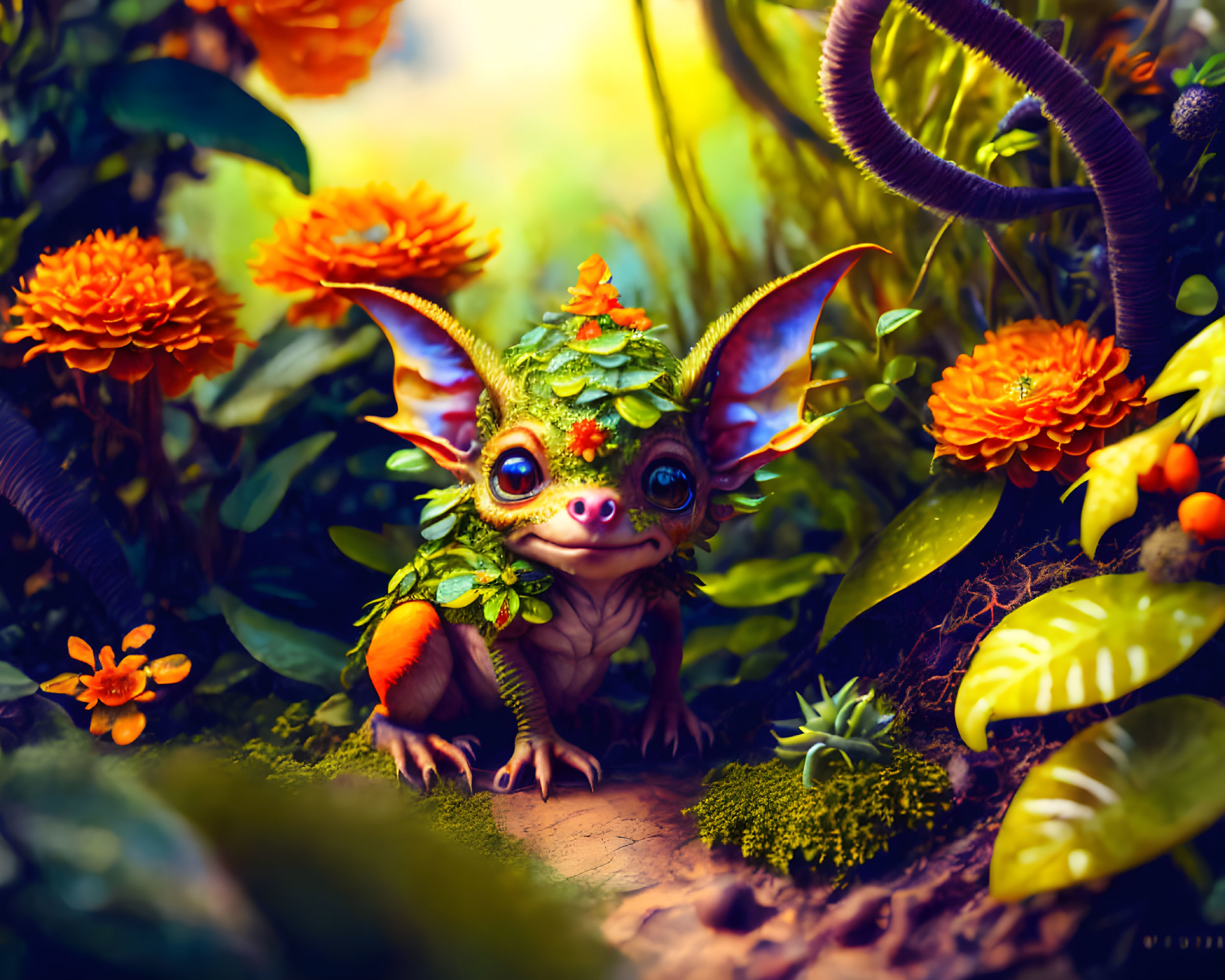 Whimsical creature with large eyes, pointed ears, and dragonfly wings among vibrant flowers