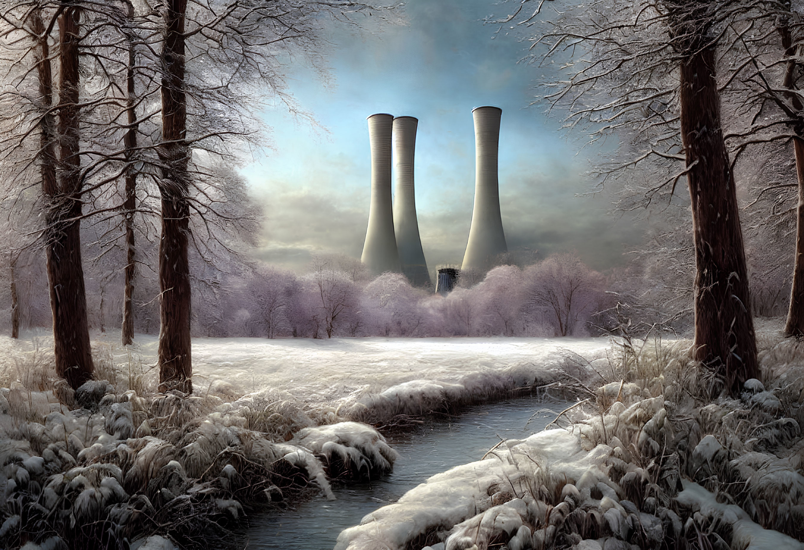 Winter scene with stream, bare trees, and cooling towers in snowy forest landscape
