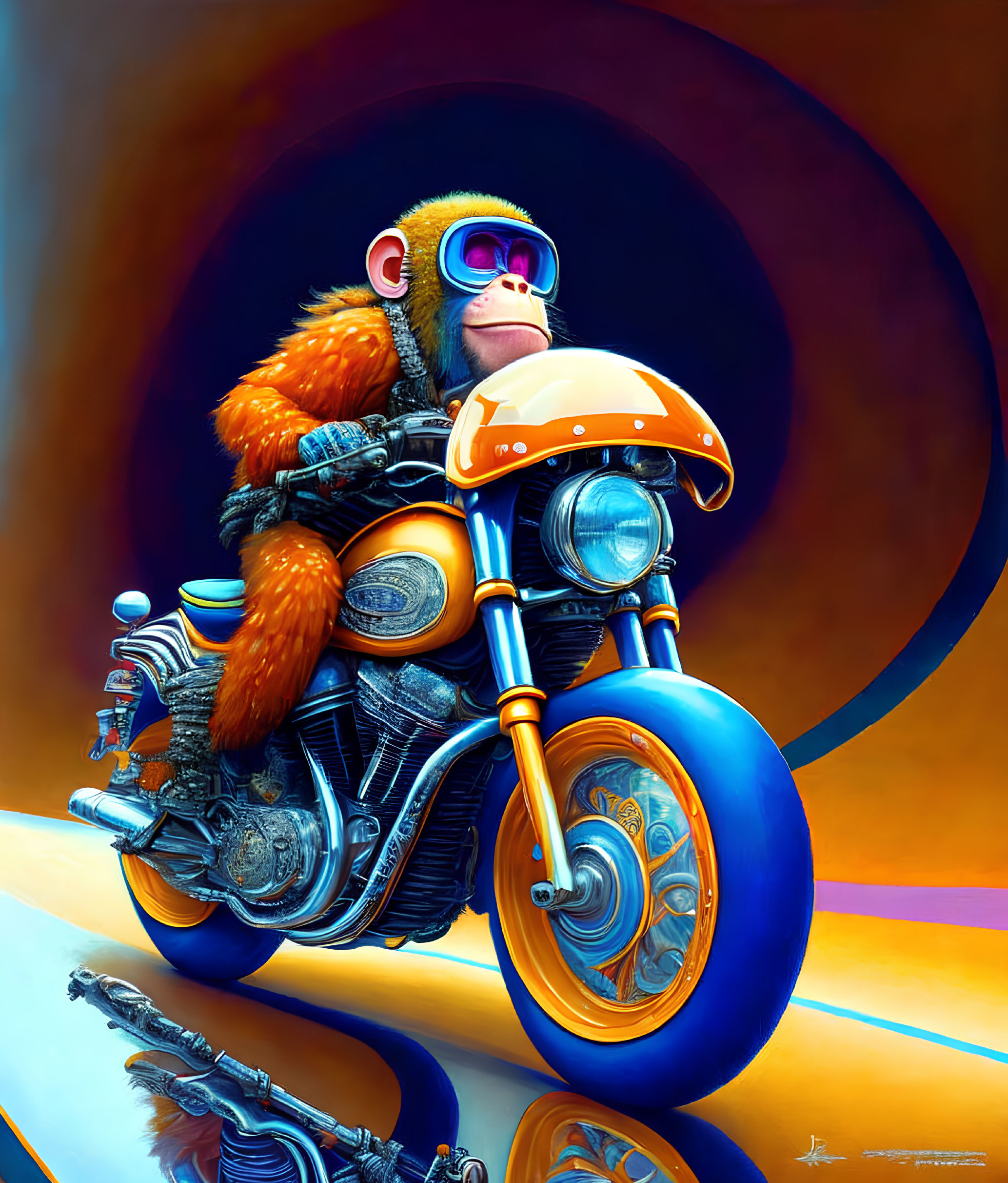 Stylish monkey with orange fur on futuristic motorcycle in colorful setting