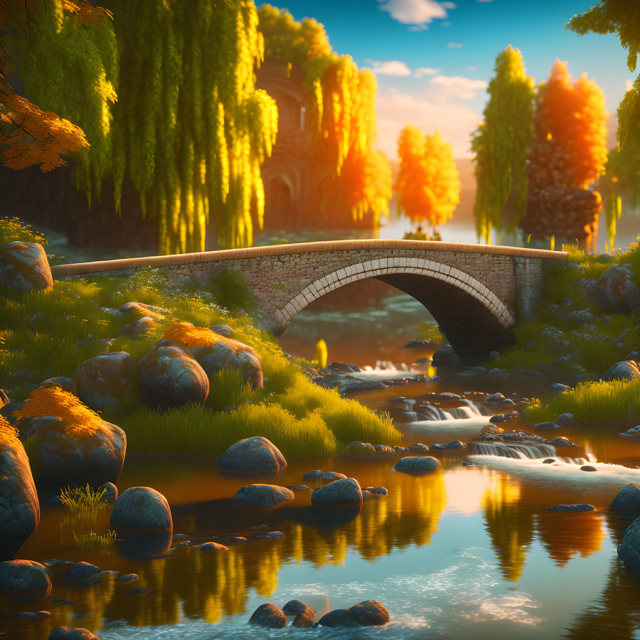 Tranquil landscape with stone bridge over stream amid autumn trees