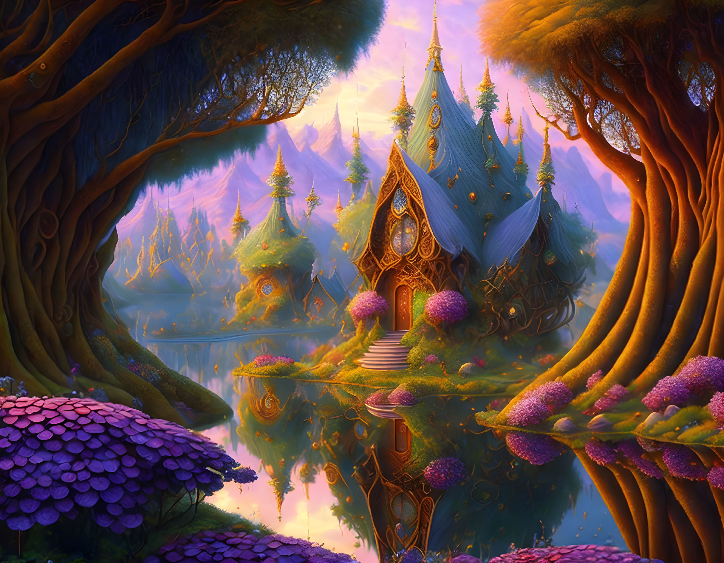 Whimsical Treehouses in Fantasy Landscape at Twilight