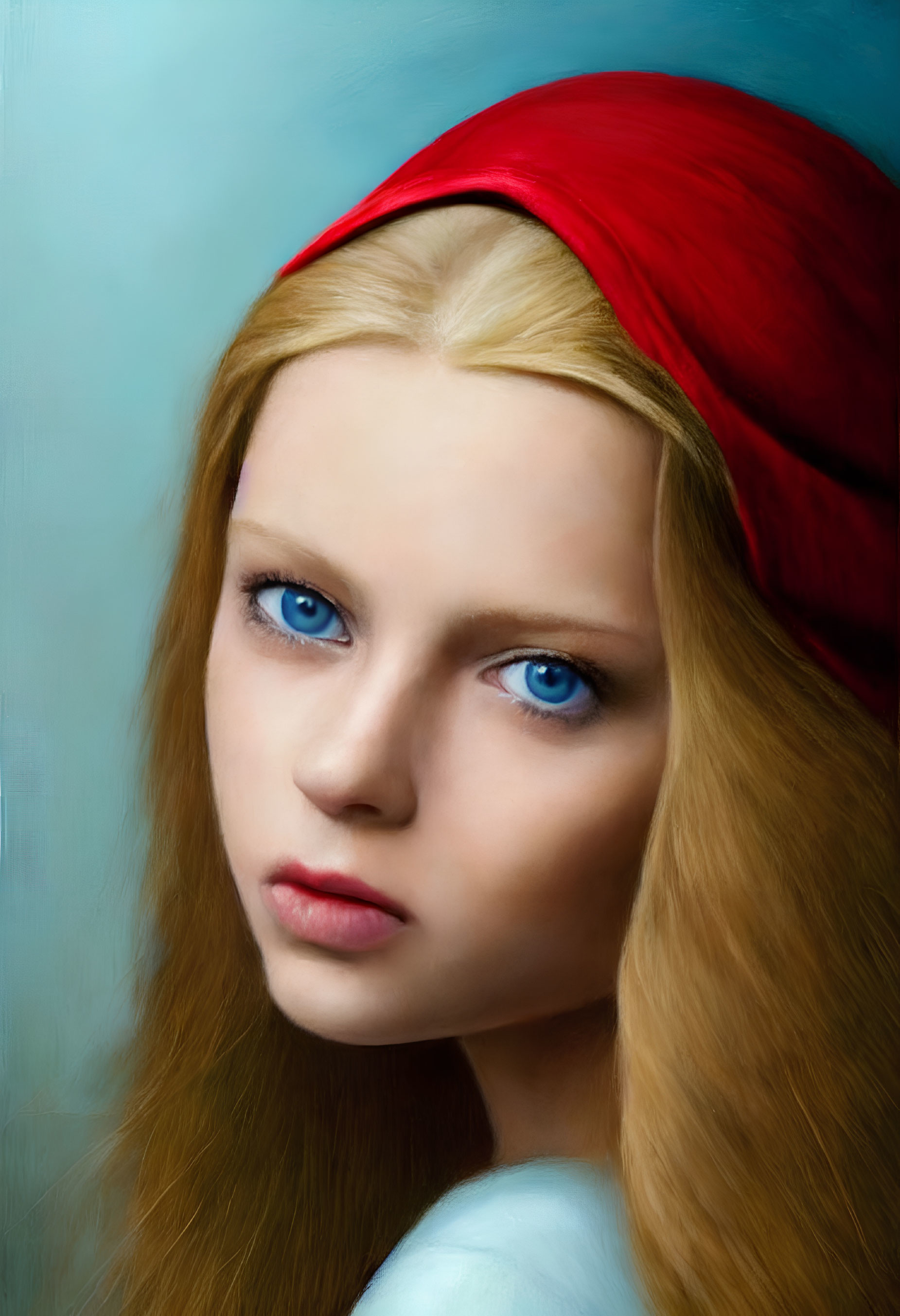 Portrait of young woman with blue eyes, red headscarf, blonde hair