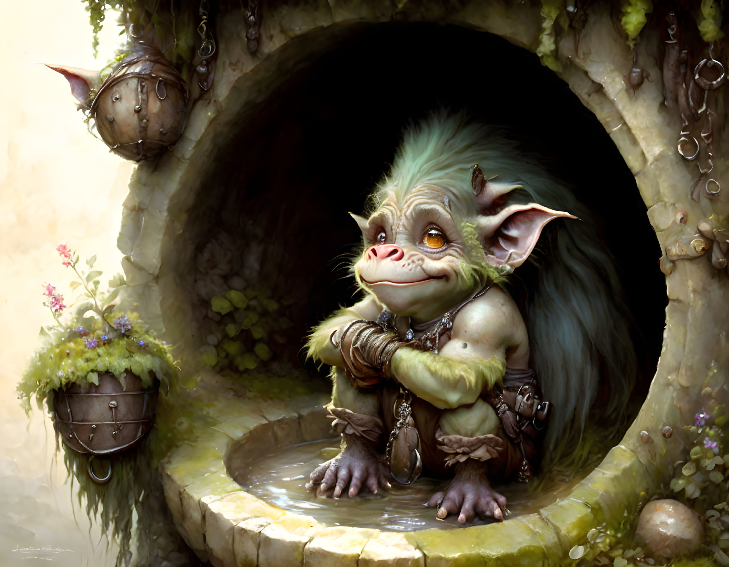 Cute hairy goblin troll sitting in a well