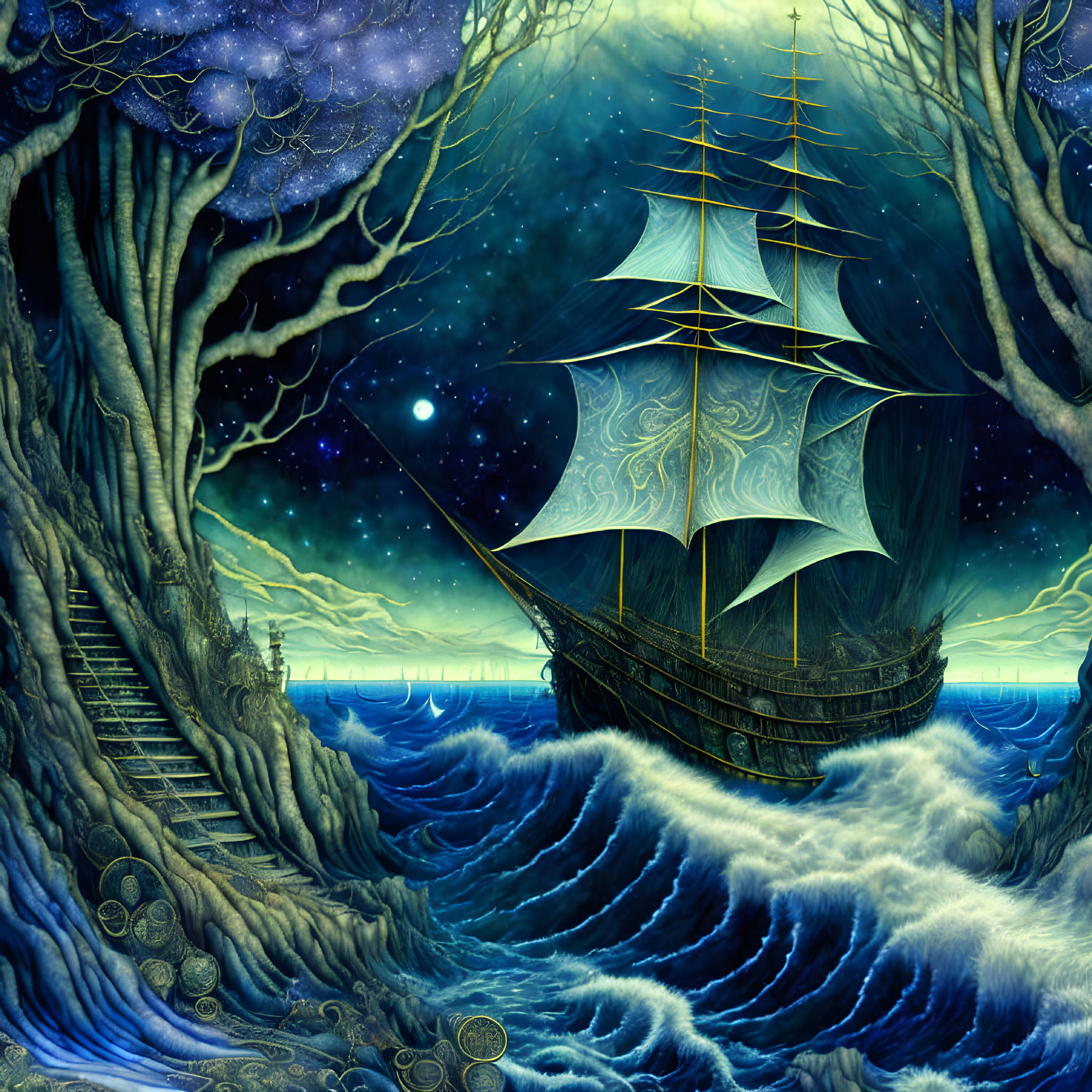 Majestic sailing ship on starry night sea with ancient trees and mystical staircase