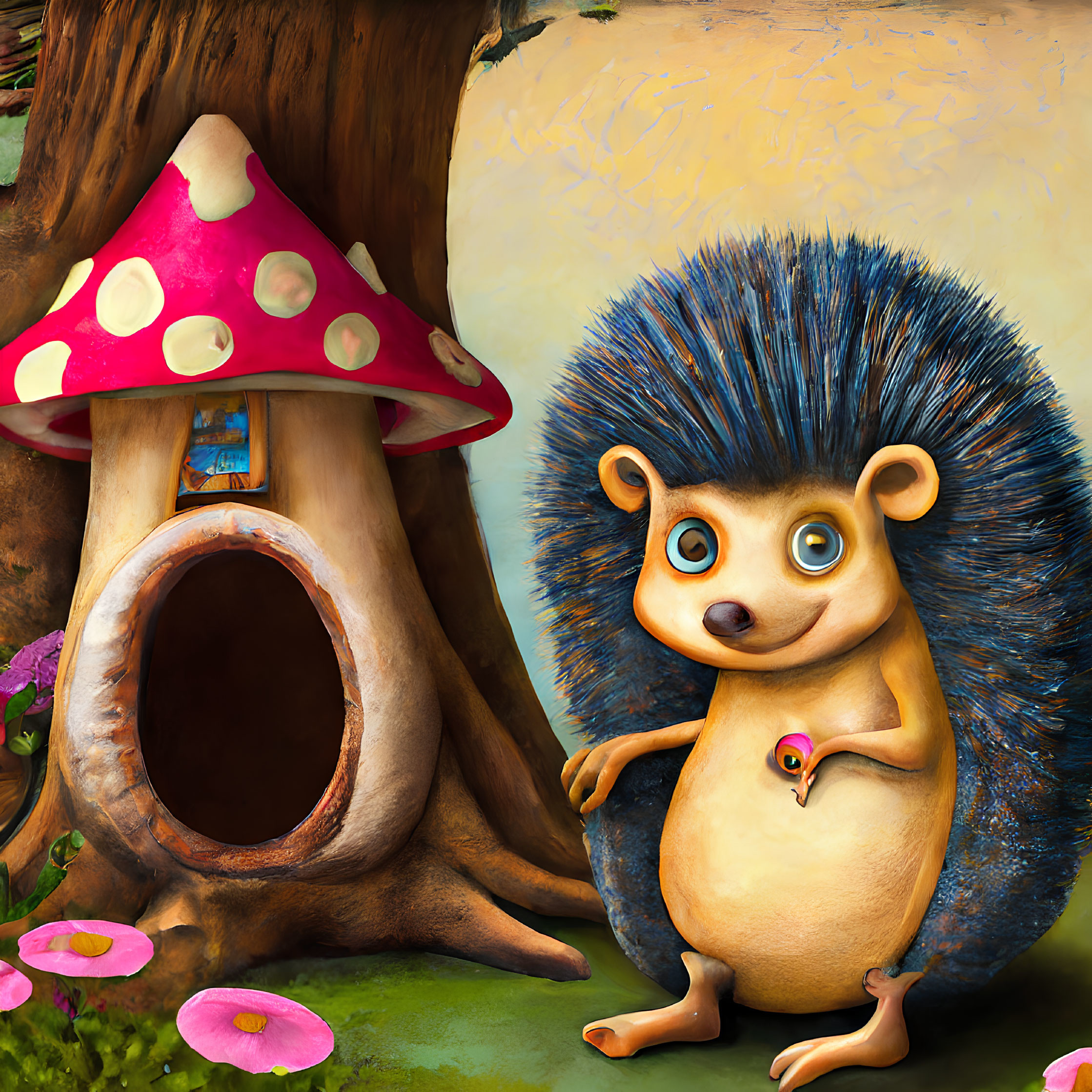Illustration of hedgehog near mushroom-shaped tree house and flowers