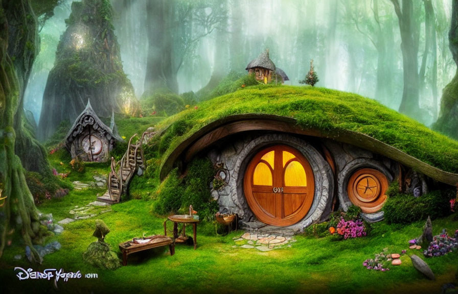 Enchanting forest scene with moss-covered hobbit-like house