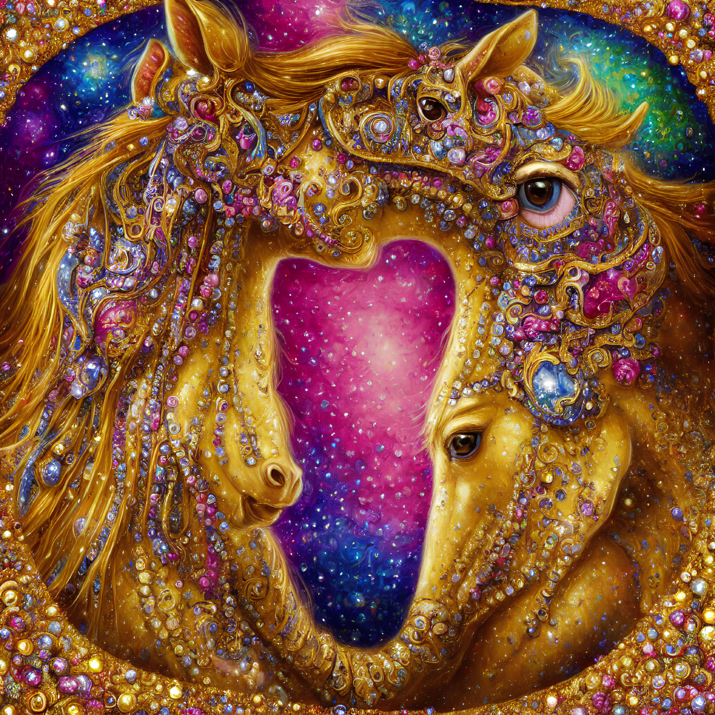 Vibrant digital artwork: Golden horses with cosmic backgrounds