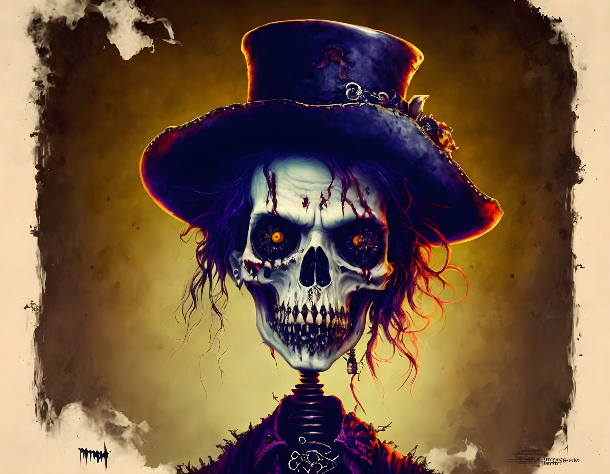 Skull with vibrant highlights in tattered top hat with feathers and chains