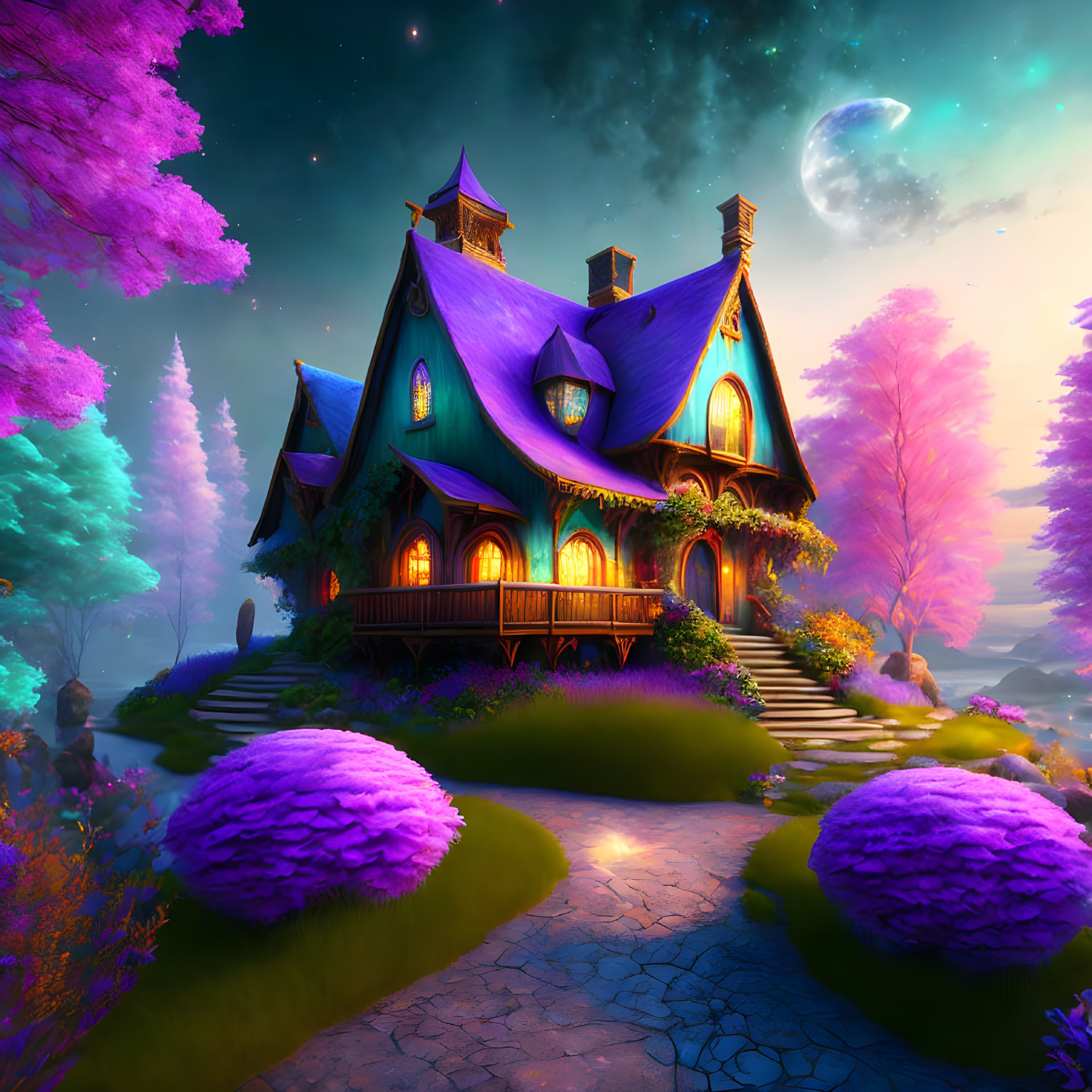 Glowing windows on enchanted house in colorful forest under starry sky