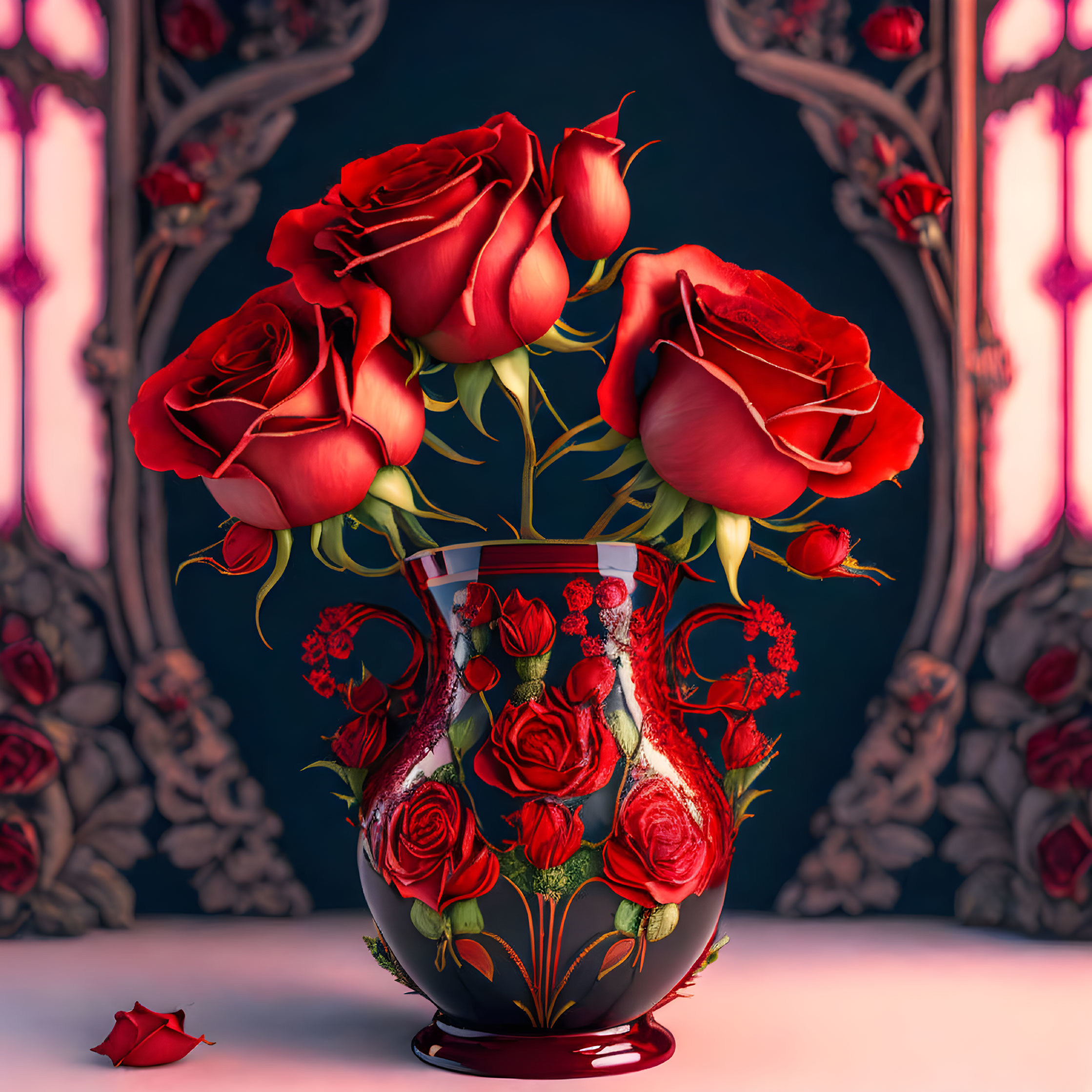 Red Roses Bouquet in Ornate Vase with Floral Backdrop