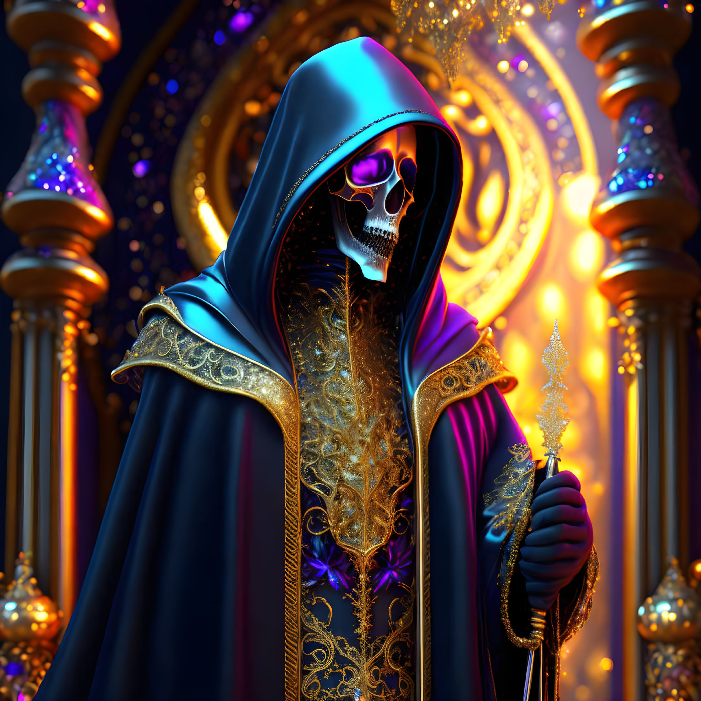 Detailed Blue and Gold Robed Skeletal Figure with Staff on Luminescent Ornate Background