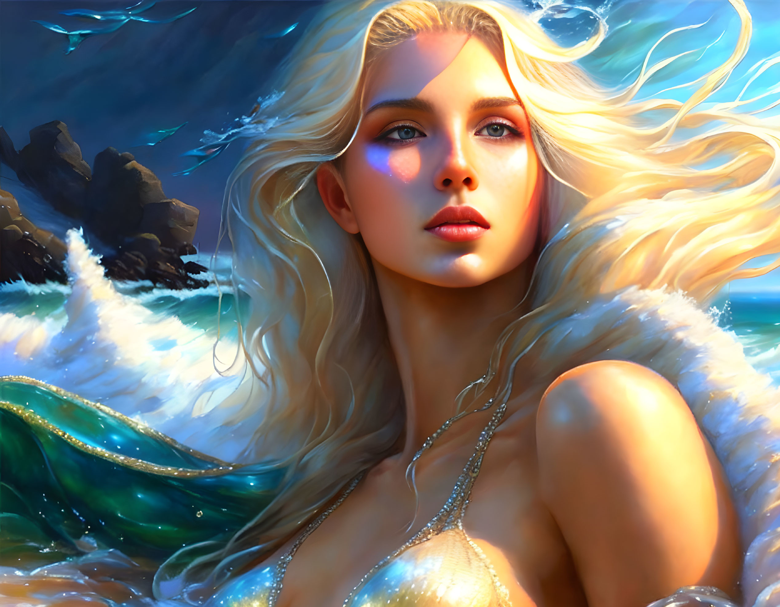 Fantasy digital artwork: Blonde woman in ocean scene
