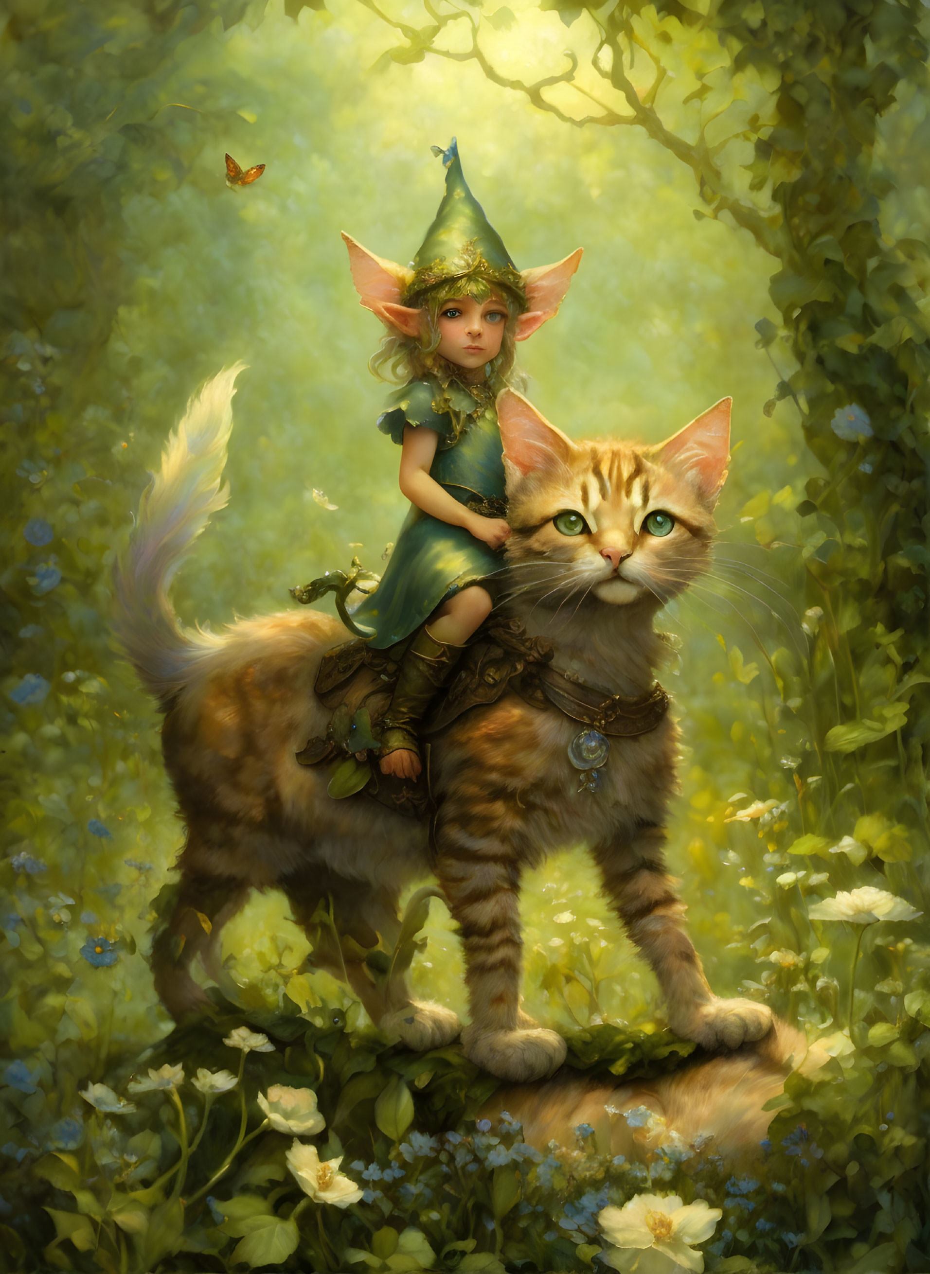 A cute, little elf, riding on a cat
