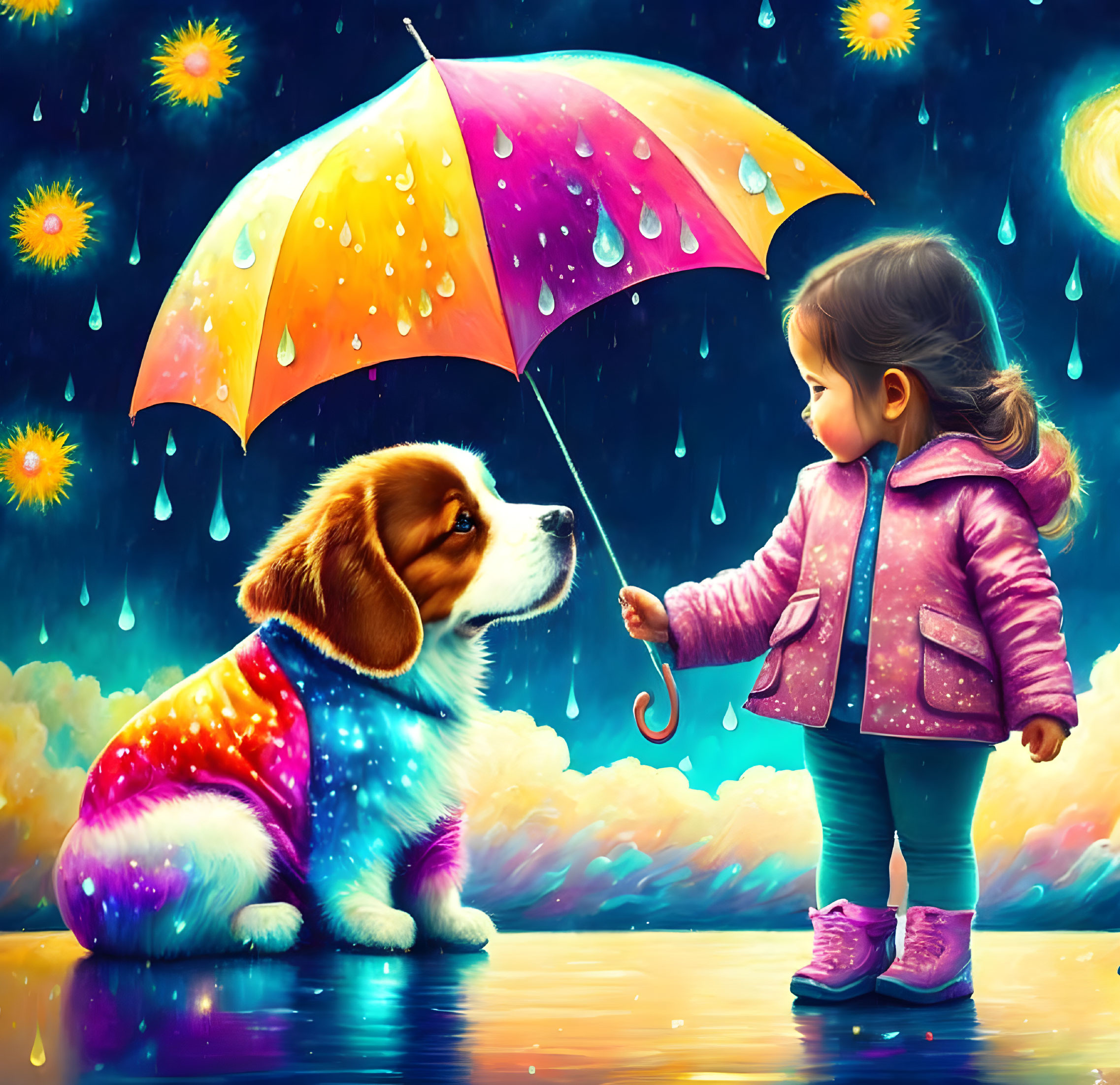 Young girl in pink coat sharing umbrella with dog under starry sky in the rain