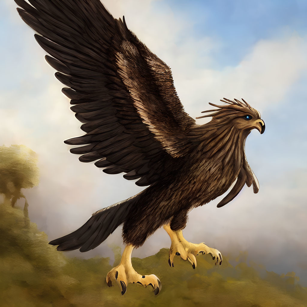 Majestic eagle with wide spread wings in forested landscape