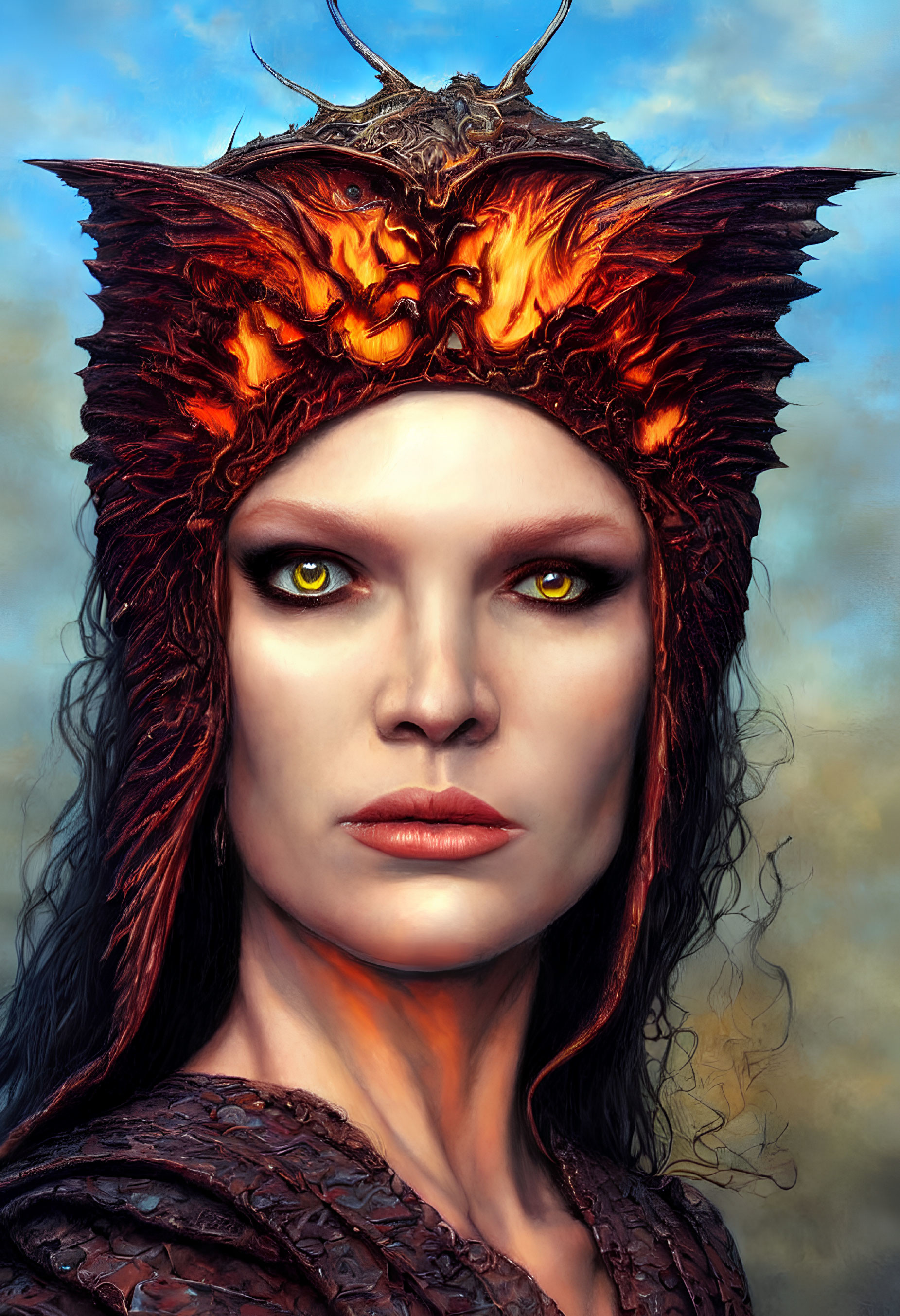 Portrait of Woman with Yellow Eyes and Dragon Headdress