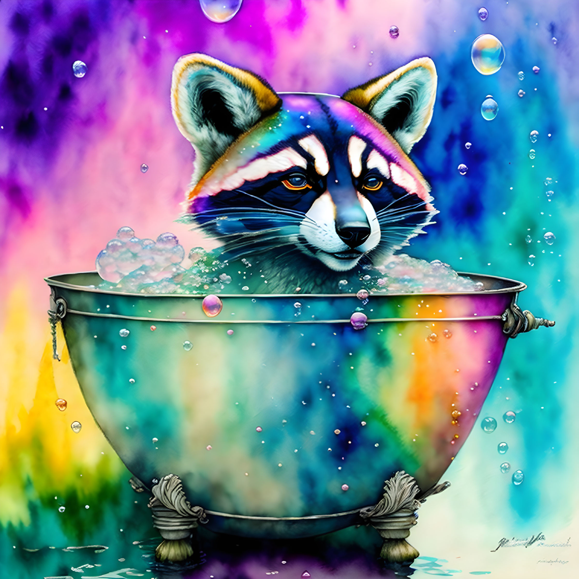 Vibrant raccoon face in bubble bath against colorful backdrop