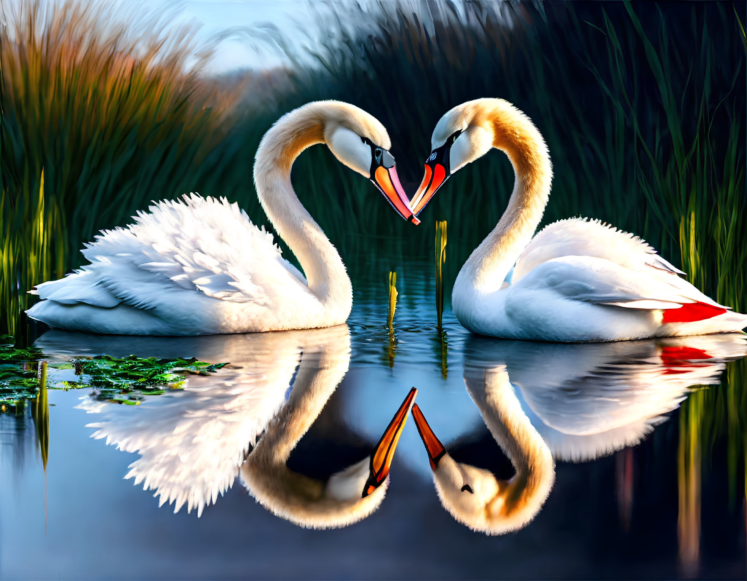 Swans Creating Heart Shape Reflection on Tranquil Water at Dusk