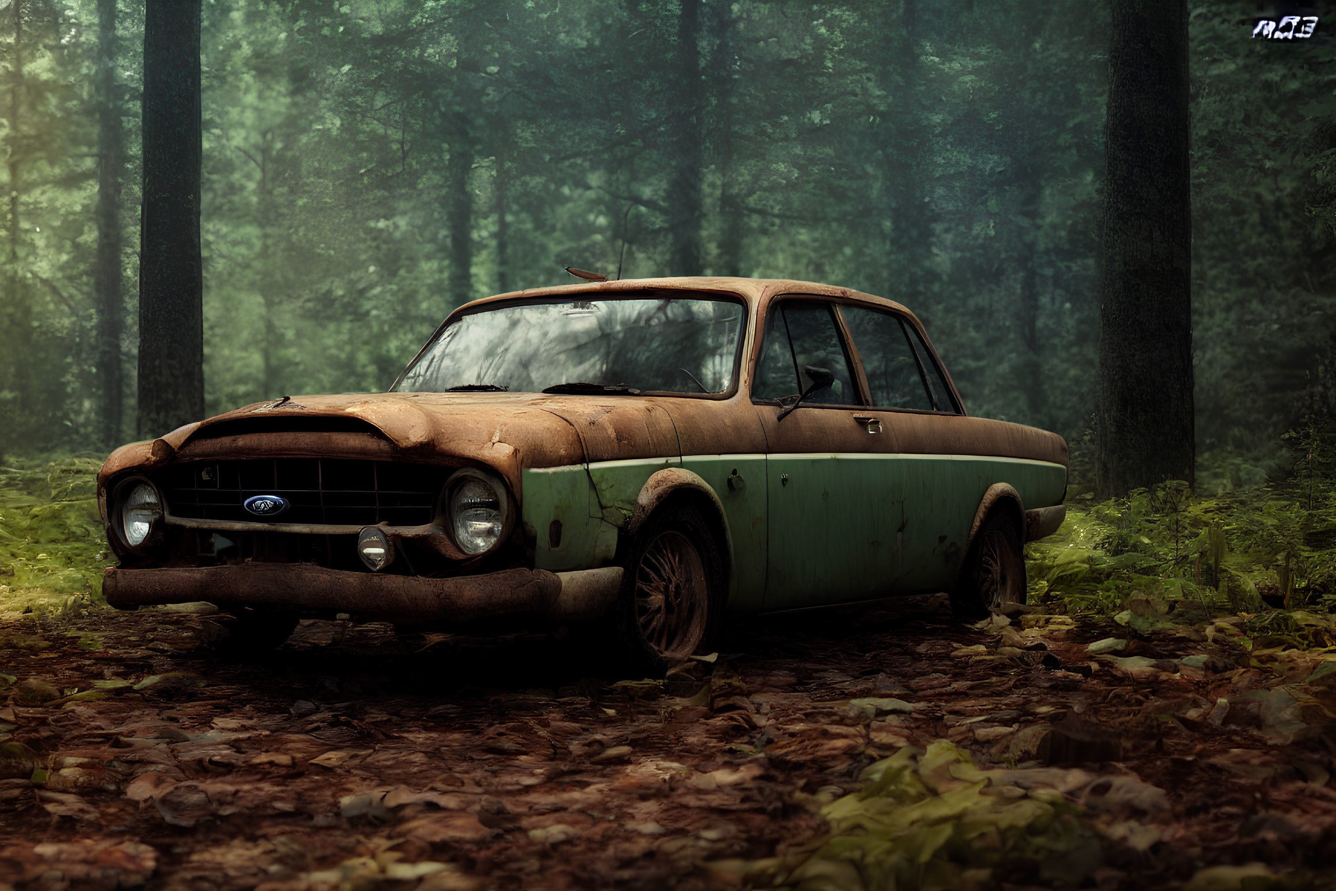 Rusted Ford car in misty forest with foliage - Abandoned and neglected