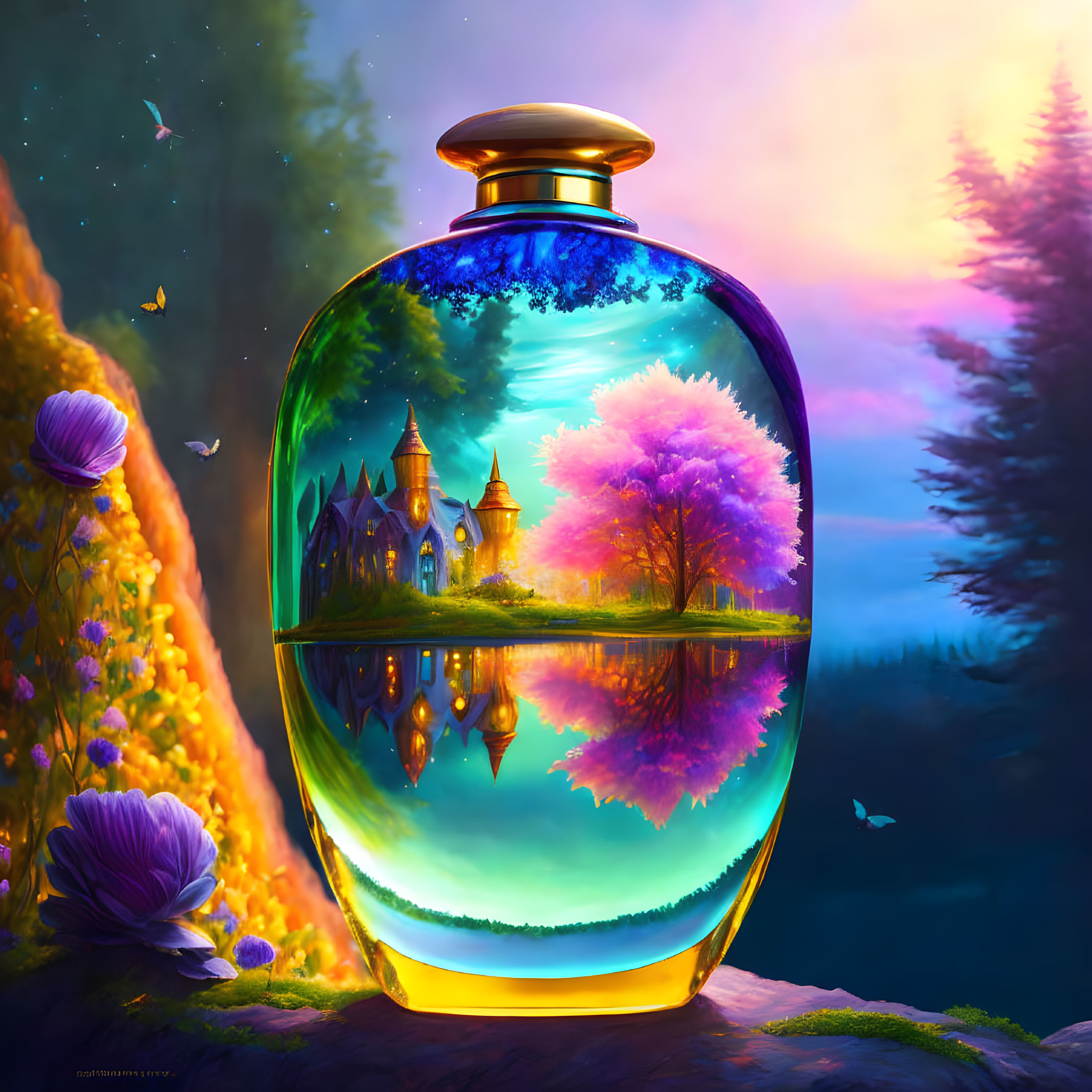 Illustration of magical perfume bottle with castle reflection in twilight sky