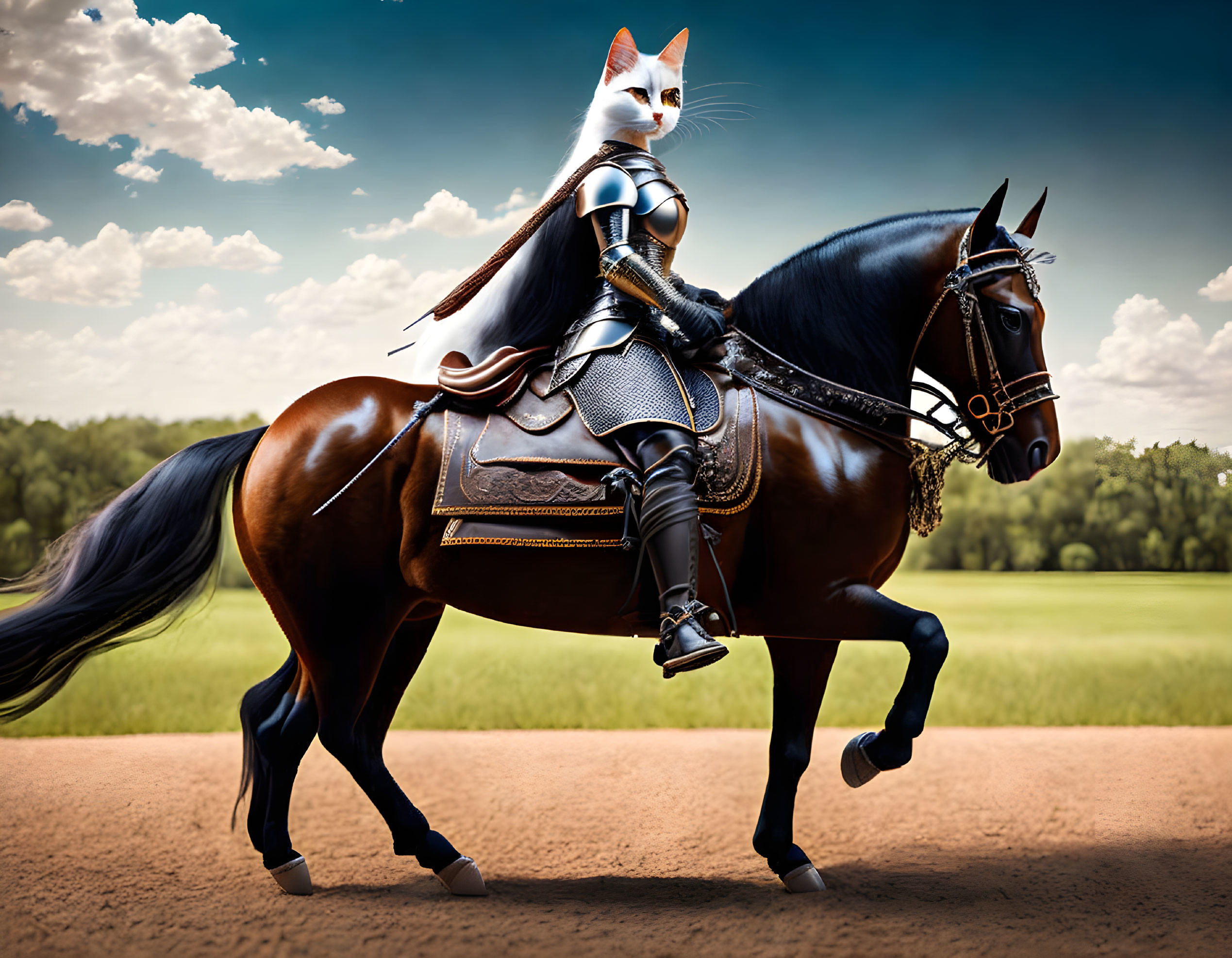 Cat in medieval knight armor on brown horse in lush field.
