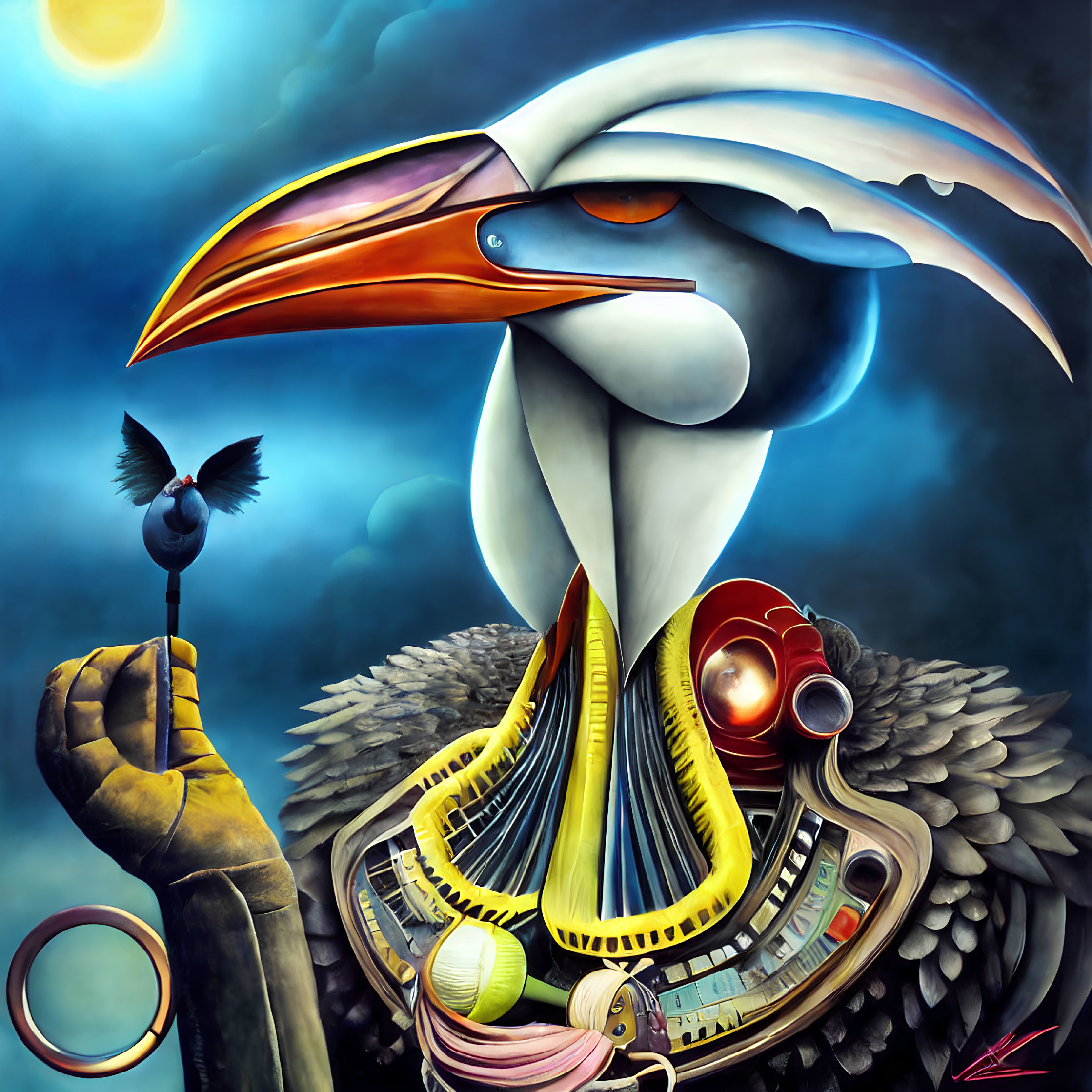 Colorful Surrealist Painting: Mechanical Pelican with Intricate Inner Workings Holding a Bird in Moon