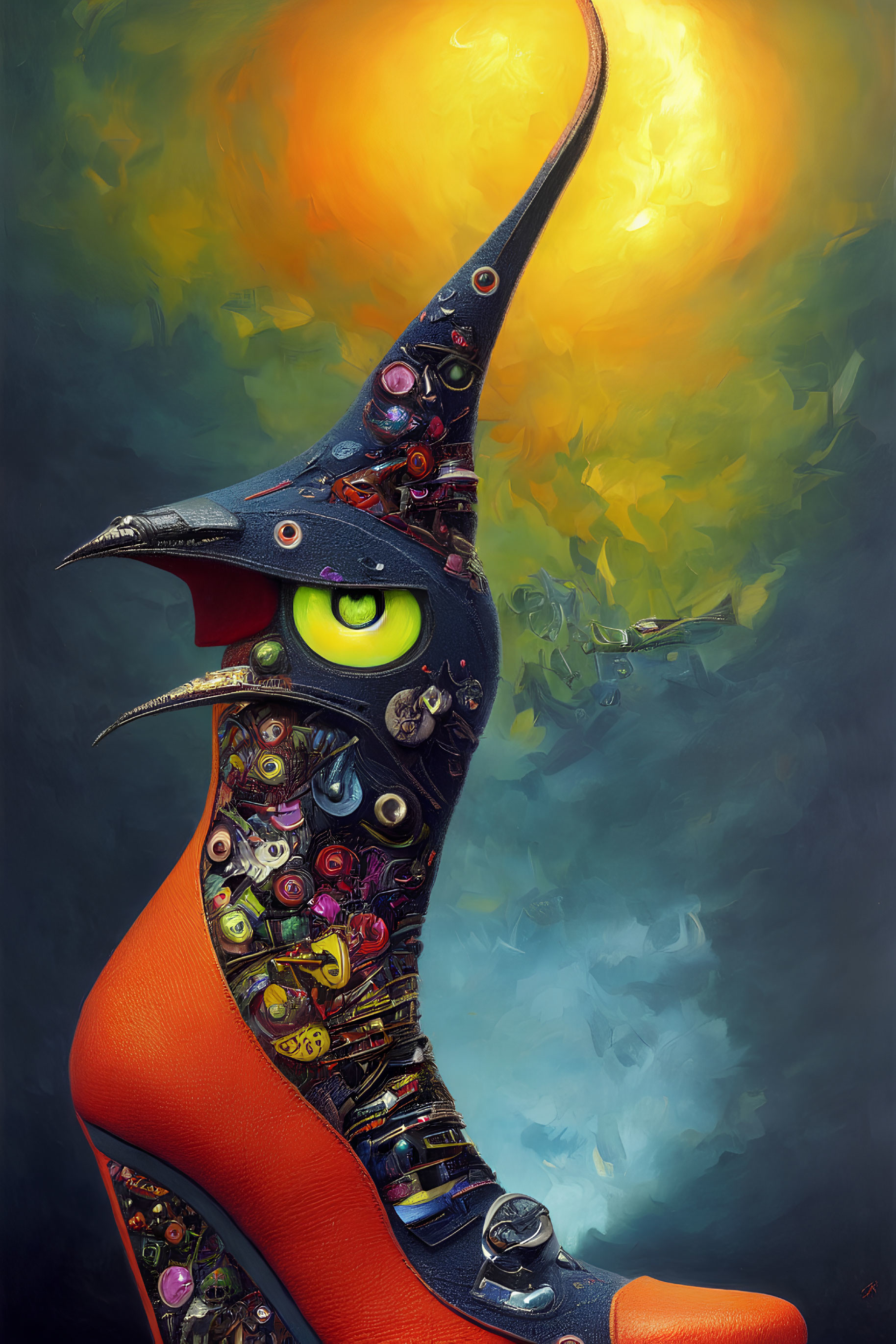 Colorful Creature with Long Beaked Mask in Vibrant Setting