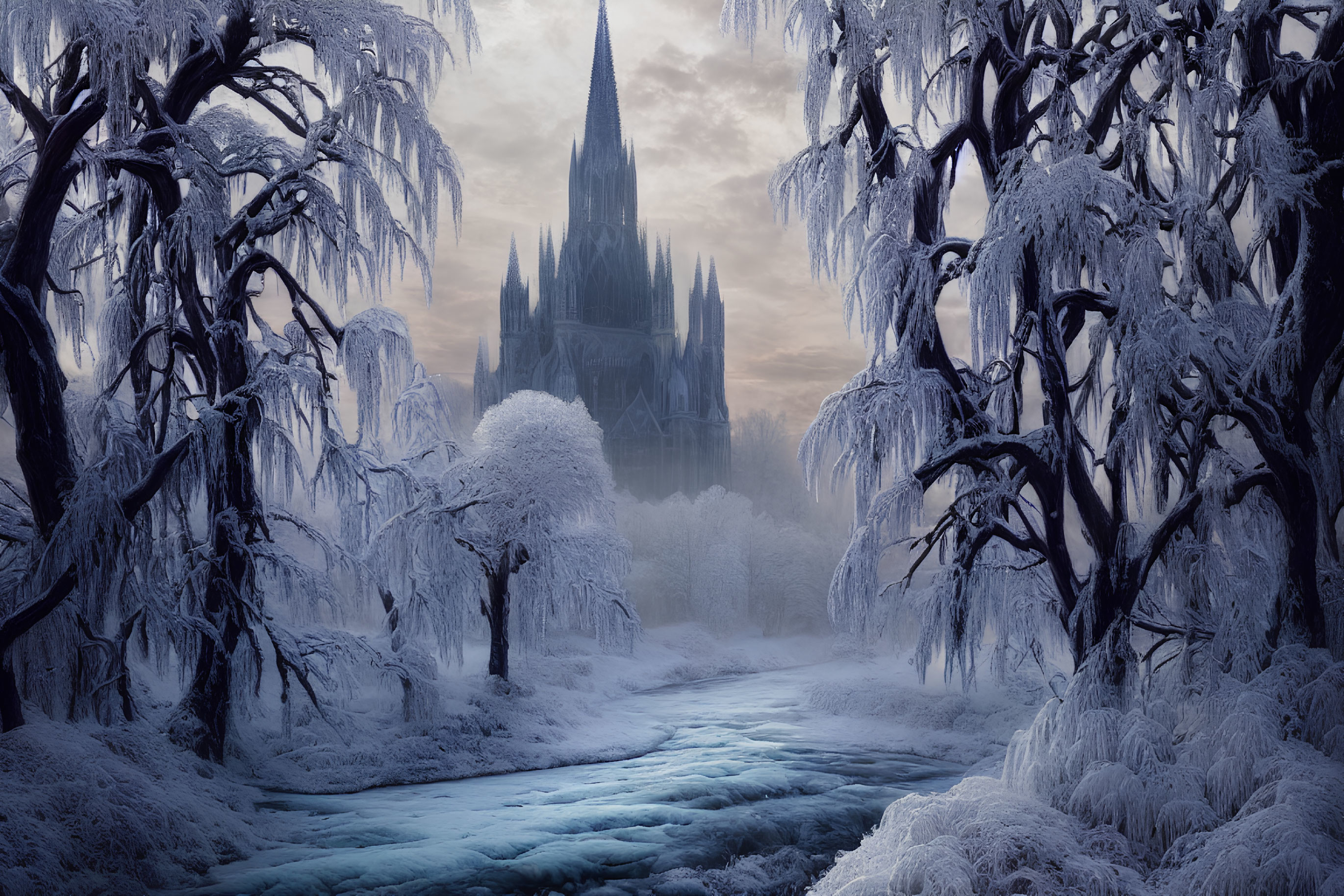 Frozen river, castle, snow-covered trees in twilight scene