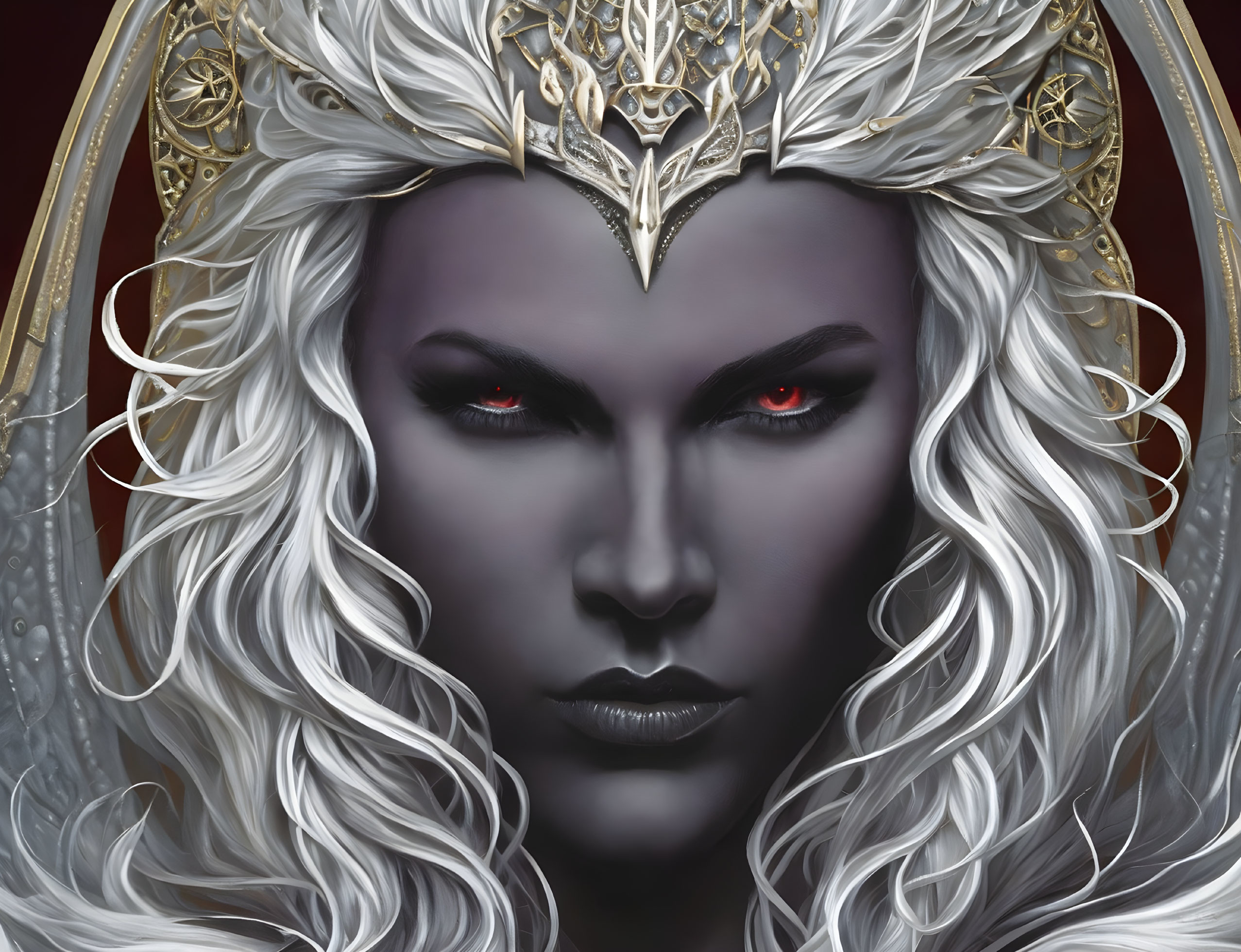 Intense female portrait with pale skin, red eyes, white hair, and golden crown